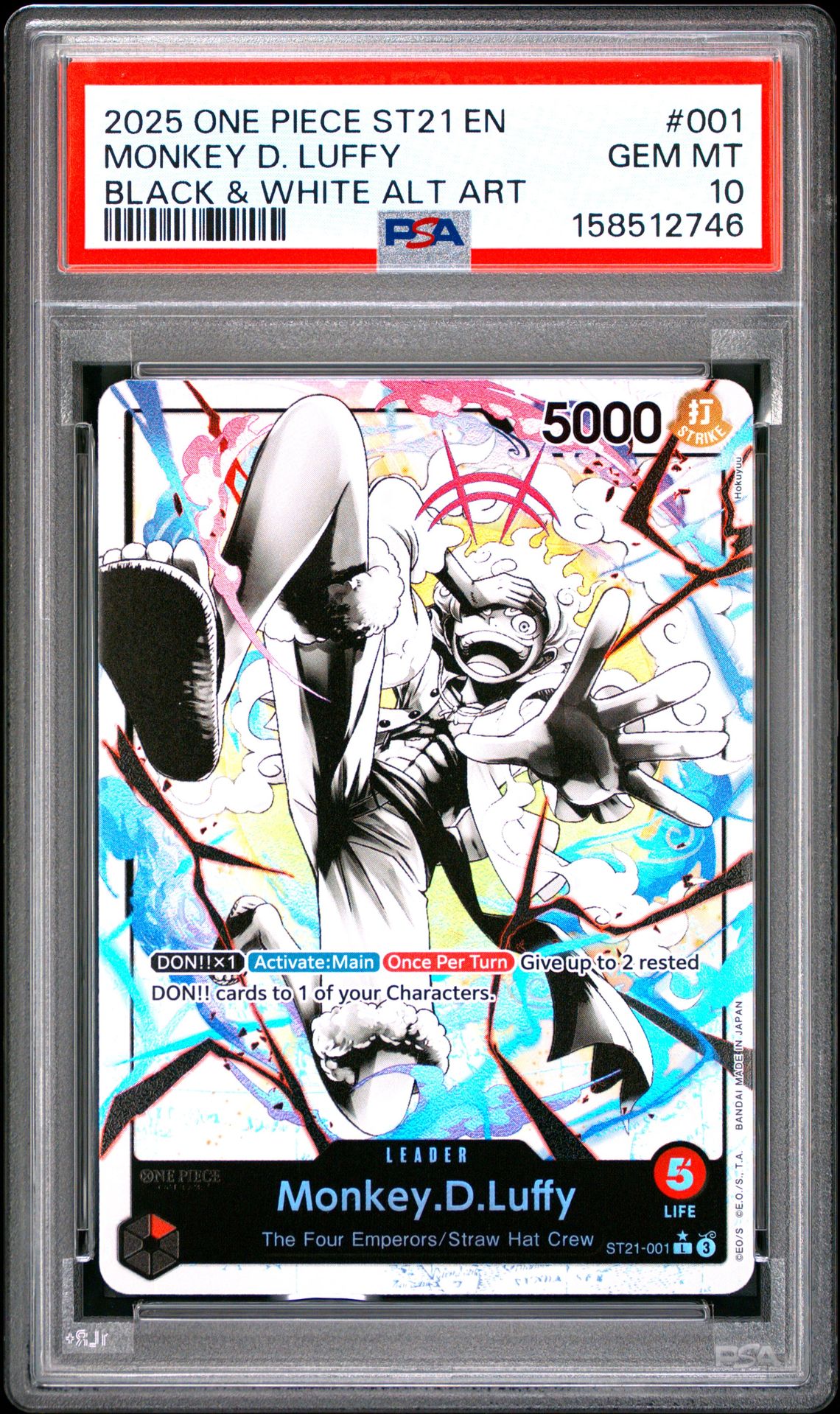 2025 One Piece Starter Deck St21-Ex Gear 5 Monkey D. Luffy #001 (Black & White Alt Art) Gem Mt 10 front view - PSA graded GEM MT 10