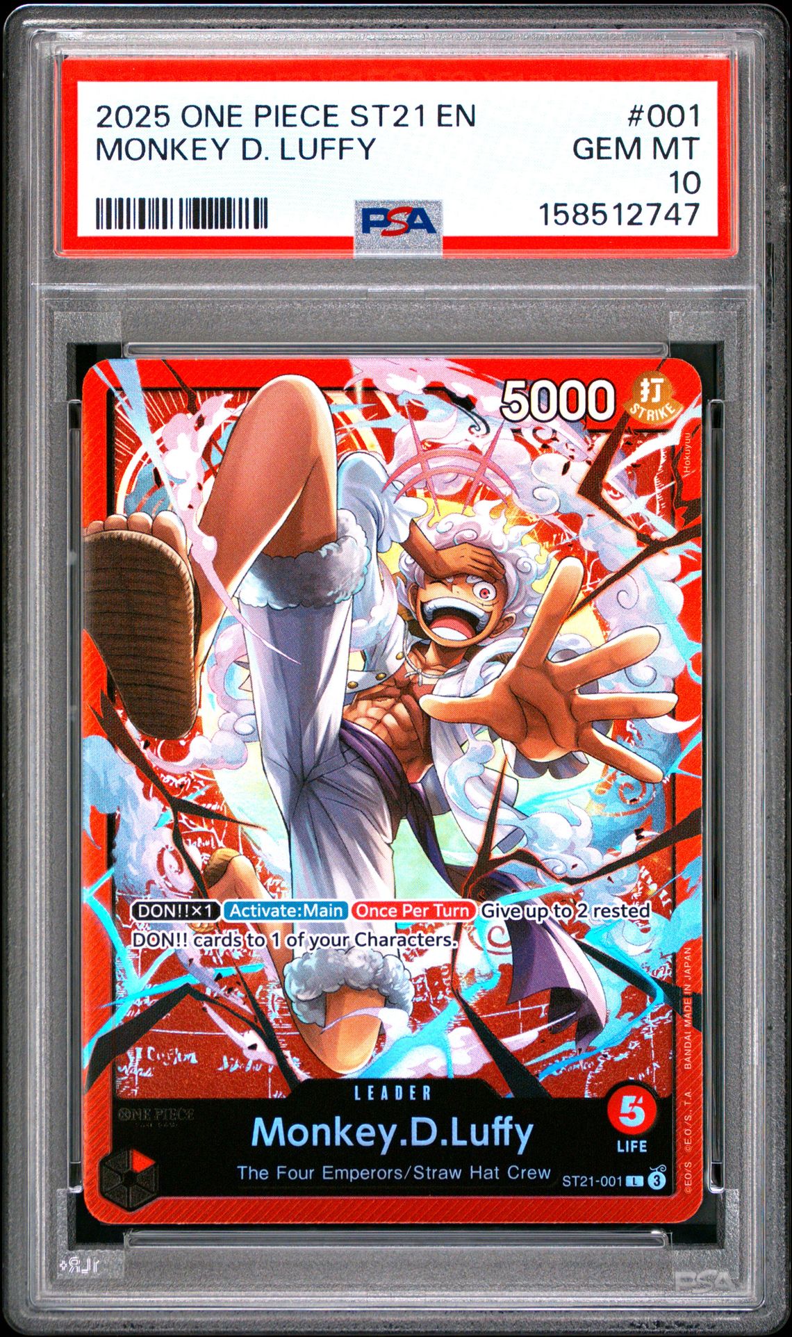 2025 One Piece Starter Deck St21-Ex Gear 5 Monkey D. Luffy #001 Gem Mt 10 front view - PSA graded GEM MT 10