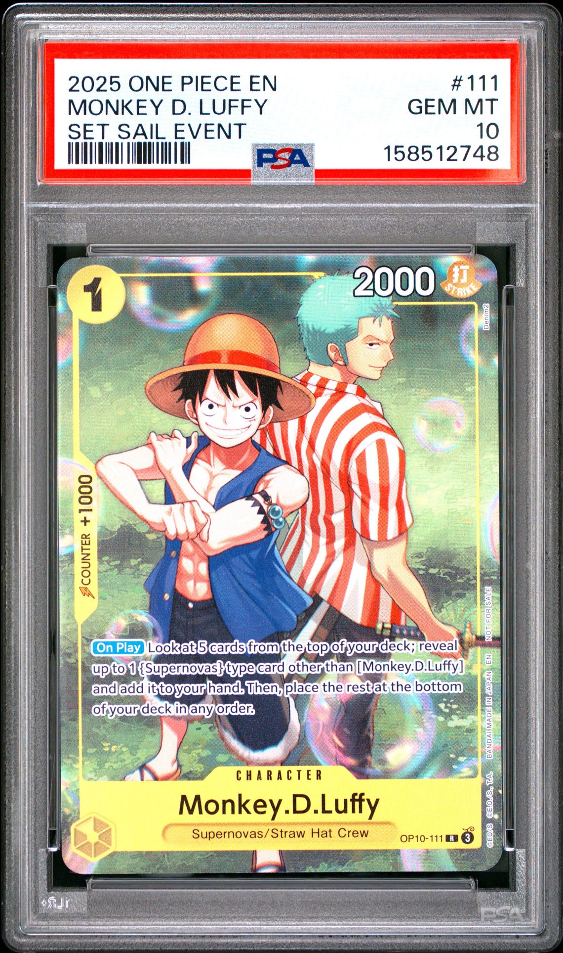2025 One Piece Promos Monkey D. Luffy #111 (Set Sail Event) Gem Mt 10 front view - PSA graded GEM MT 10