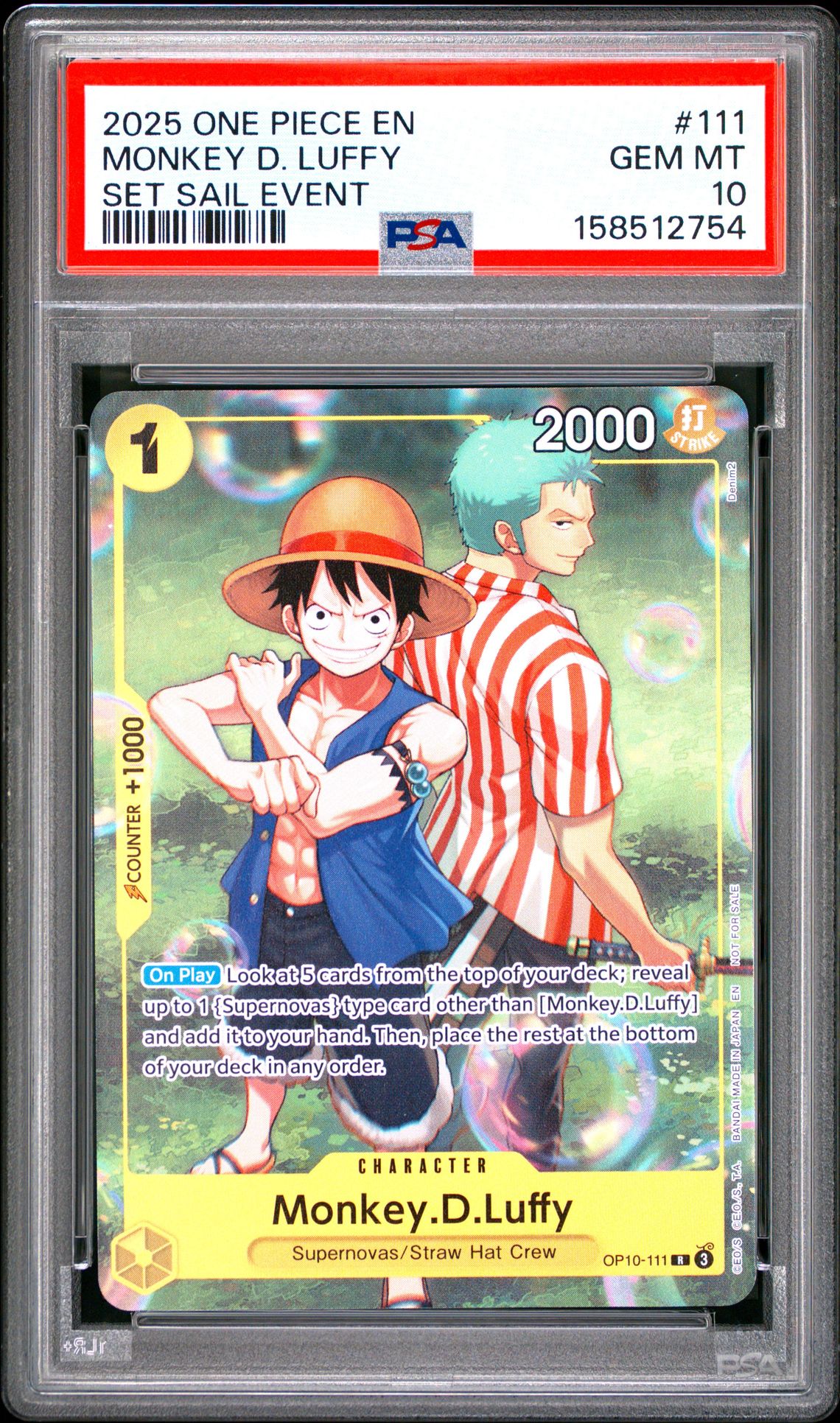 2025 One Piece Promos Monkey D. Luffy #111 (Set Sail Event) Gem Mt 10 front view - PSA graded GEM MT 10