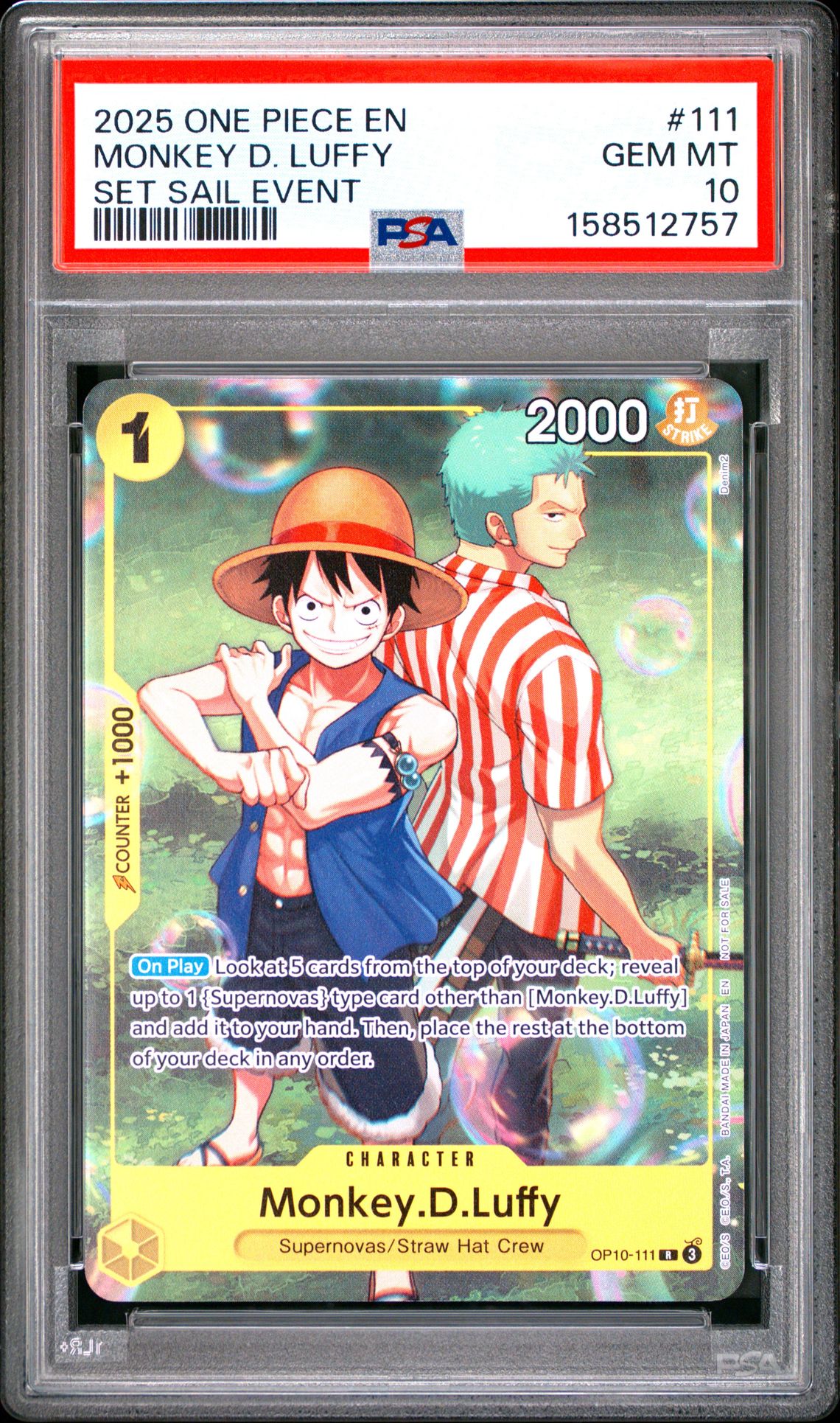 2025 One Piece Promos Monkey D. Luffy #111 (Set Sail Event) Gem Mt 10 front view - PSA graded GEM MT 10
