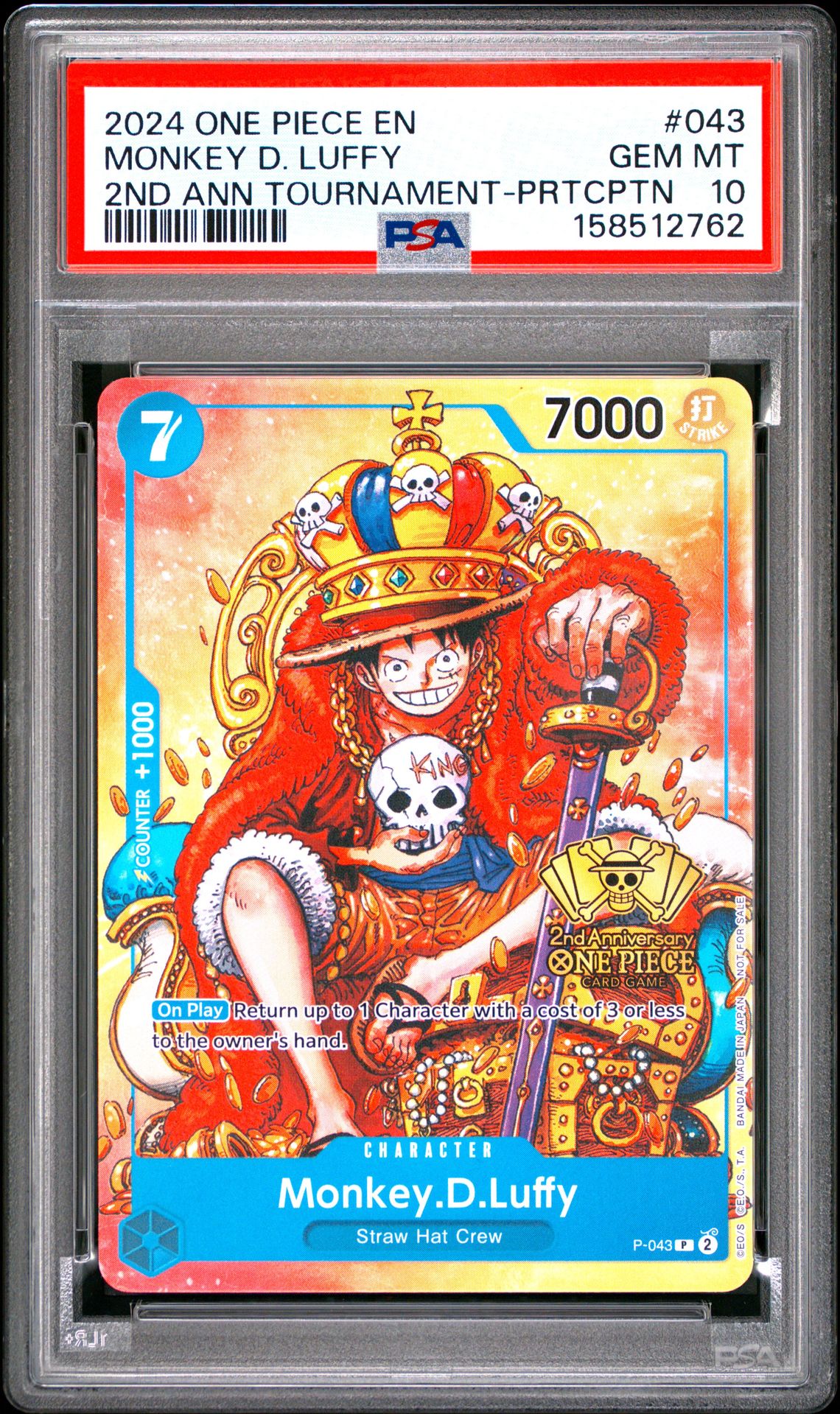 2024 One Piece Promos Monkey D. Luffy #043 (2Nd Ann Tournament-Prtcptn) Gem Mt 10 front view - PSA graded GEM MT 10