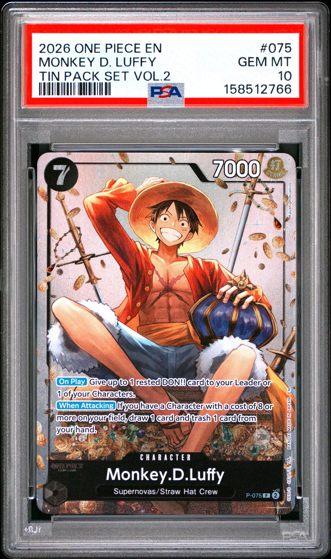 2026 One Piece Promos Monkey D. Luffy #075 (Tin Pack Set Vol.2) Gem Mt 10 front view - PSA graded GEM MT 10