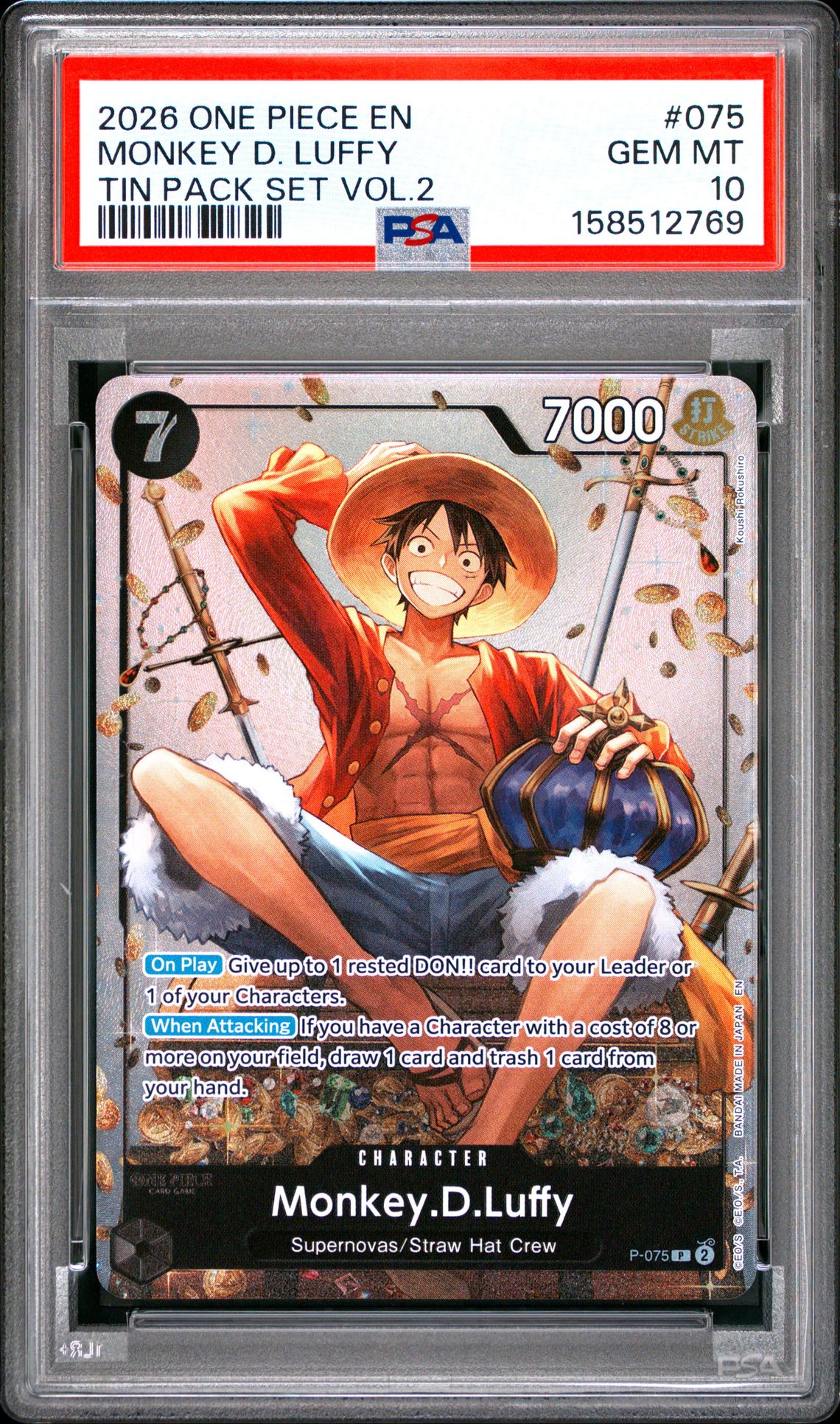 2026 One Piece Promos Monkey D. Luffy #075 (Tin Pack Set Vol.2) Gem Mt 10 front