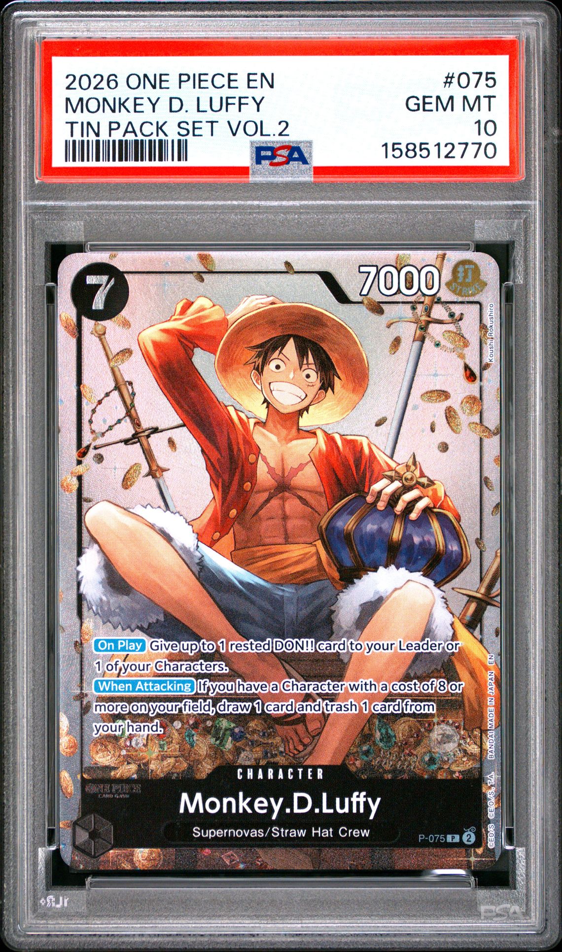 2026 One Piece Promos Monkey D. Luffy #075 (Tin Pack Set Vol.2) Gem Mt 10 front view - PSA graded GEM MT 10