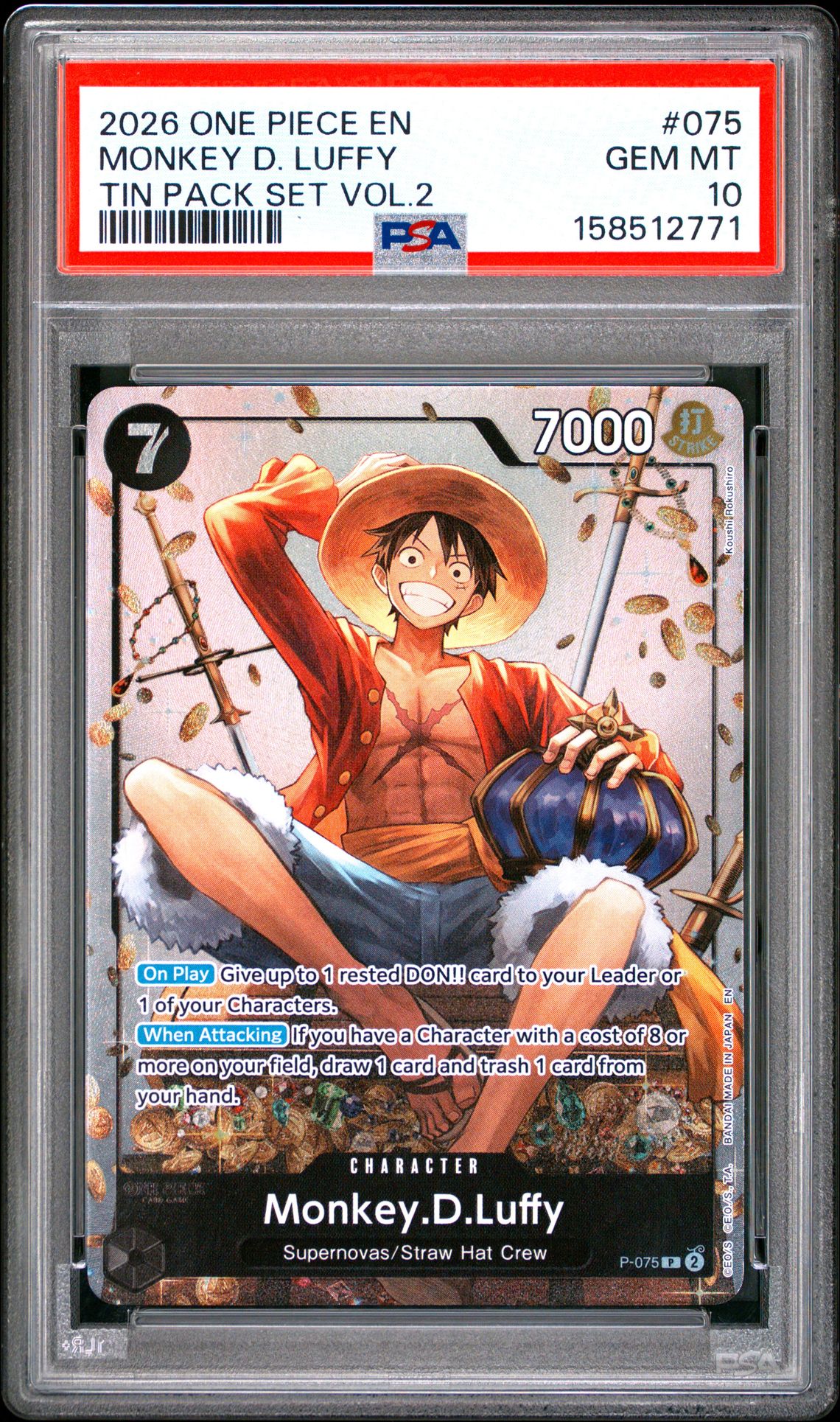 2026 One Piece Promos Monkey D. Luffy #075 (Tin Pack Set Vol.2) Gem Mt 10 front