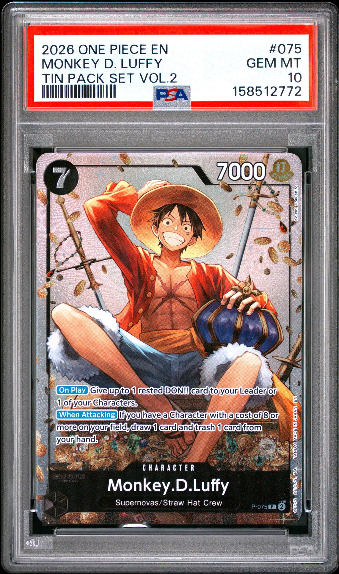 2026 One Piece Promos Monkey D. Luffy #075 (Tin Pack Set Vol.2) Gem Mt 10 front view - PSA graded GEM MT 10