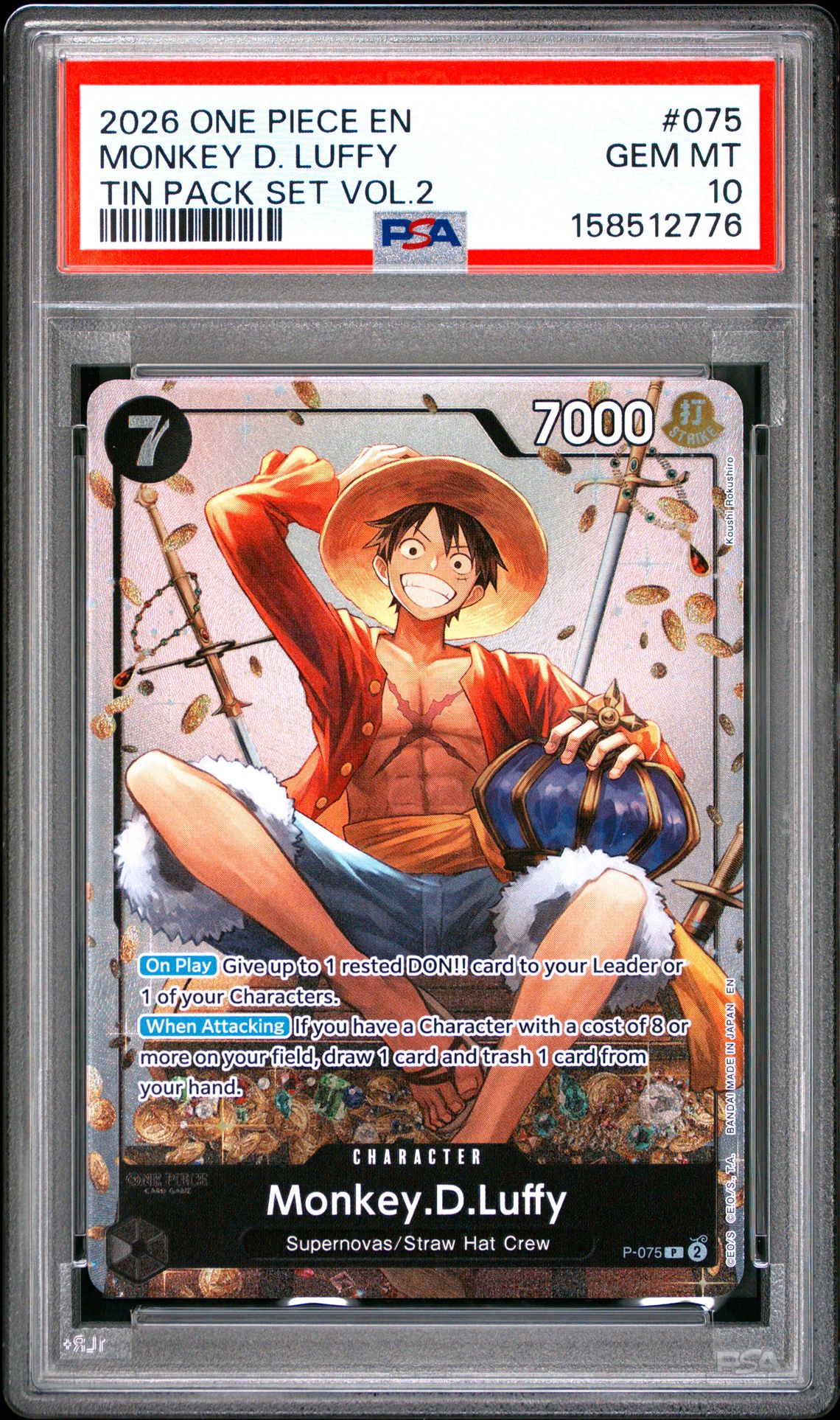 2026 One Piece Promos Monkey D. Luffy #075 (Tin Pack Set Vol.2) Gem Mt 10 front view - PSA graded GEM MT 10