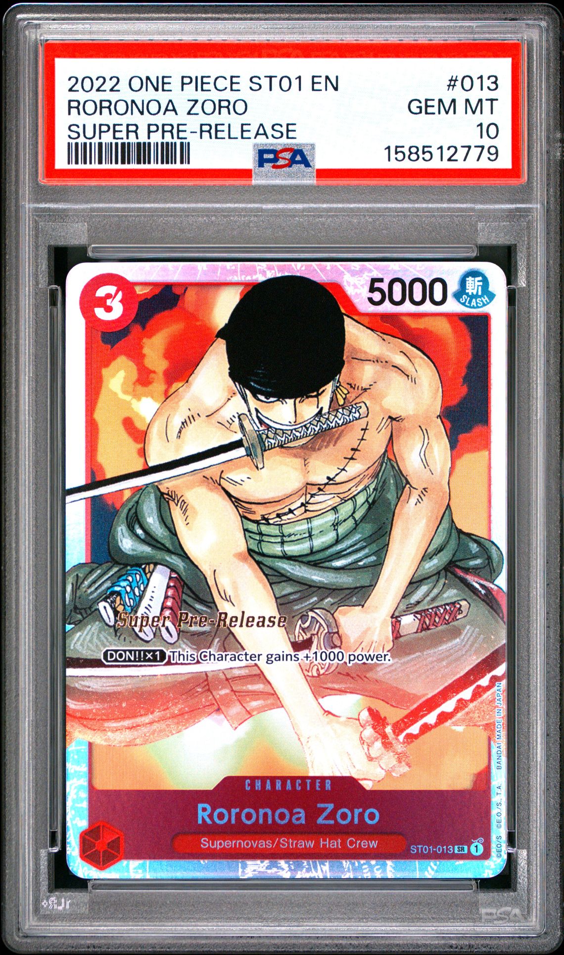 2022 One Piece Starter Deck St01-Straw Hat Crew Roronoa Zoro #013 (Super Pre-Release) Gem Mt 10 front view - PSA graded GEM MT 10