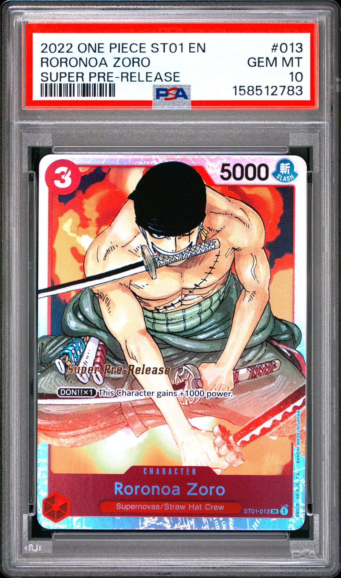 2022 One Piece Starter Deck St01-Straw Hat Crew Roronoa Zoro #013 (Super Pre-Release) Gem Mt 10 front view - PSA graded GEM MT 10