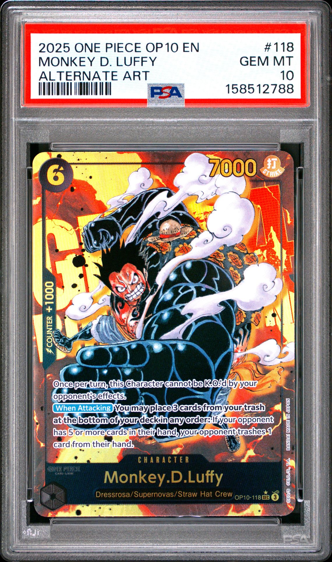 2025 ONE PIECE OP10-ROYAL BLOOD MONKEY D. LUFFY ALTERNATE ART 118 GEM MT 10 front