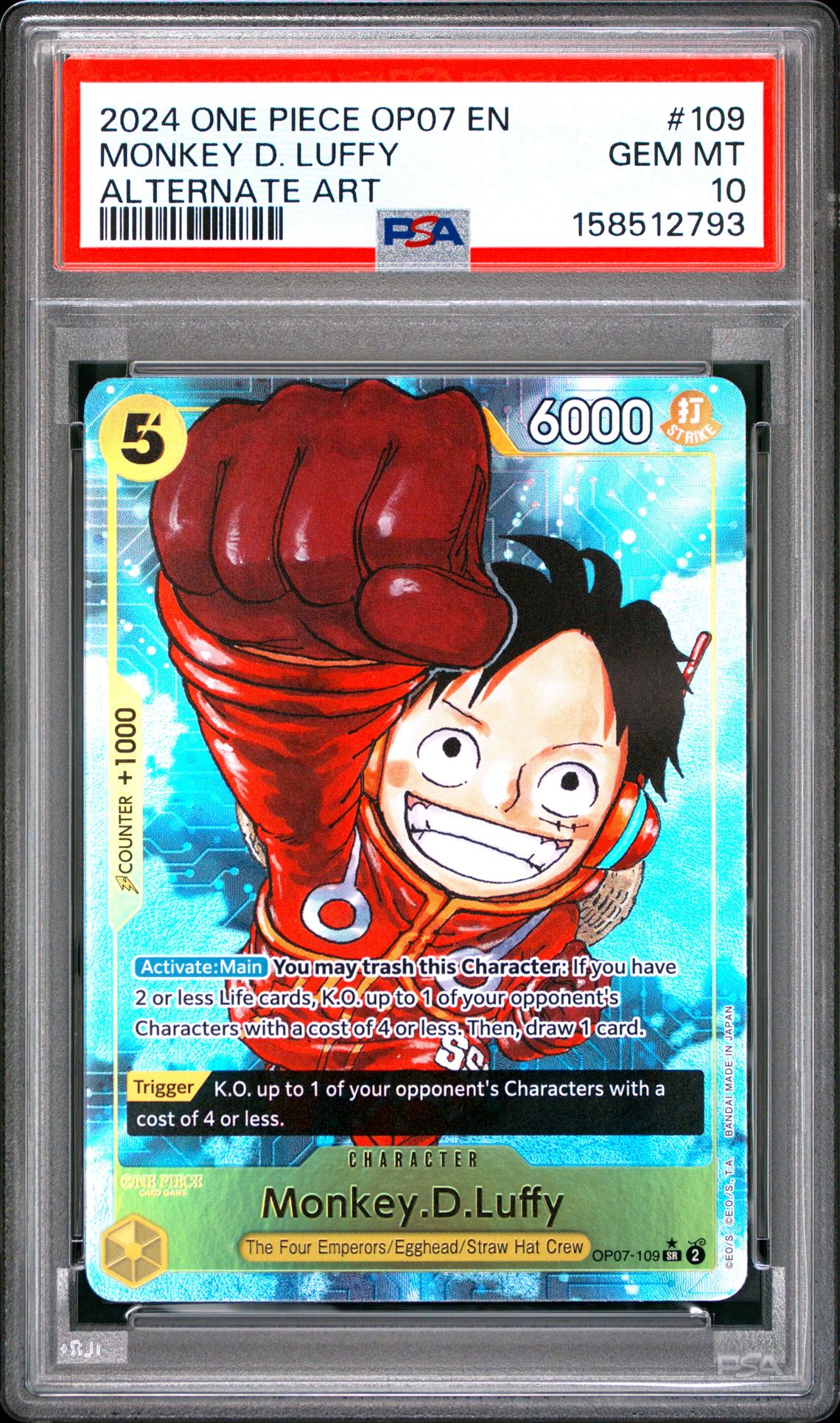 2024 One Piece Op07-500 Years In The Future Monkey D. Luffy #109 (Alternate Art) Gem Mt 10 front view - PSA graded GEM MT 10