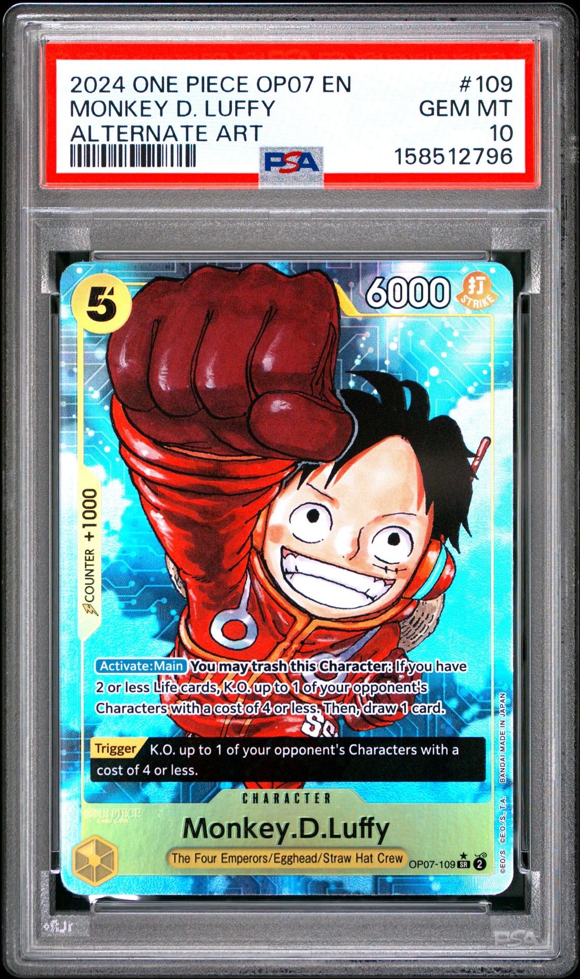 2024 One Piece Op07-500 Years In The Future Monkey D. Luffy #109 (Alternate Art) Gem Mt 10 front view - PSA graded GEM MT 10