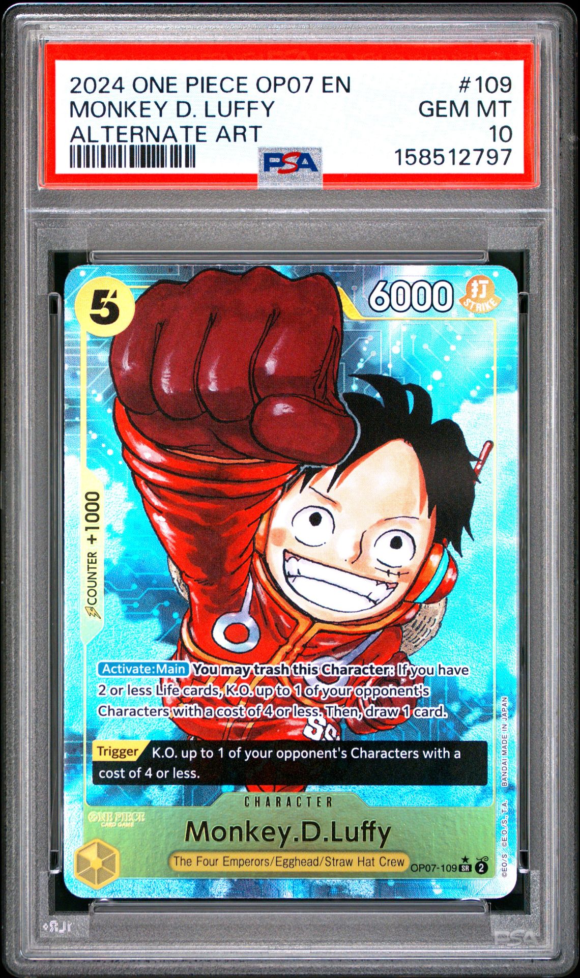 2024 One Piece Op07-500 Years In The Future Monkey D. Luffy #109 (Alternate Art) Gem Mt 10 front view - PSA graded GEM MT 10