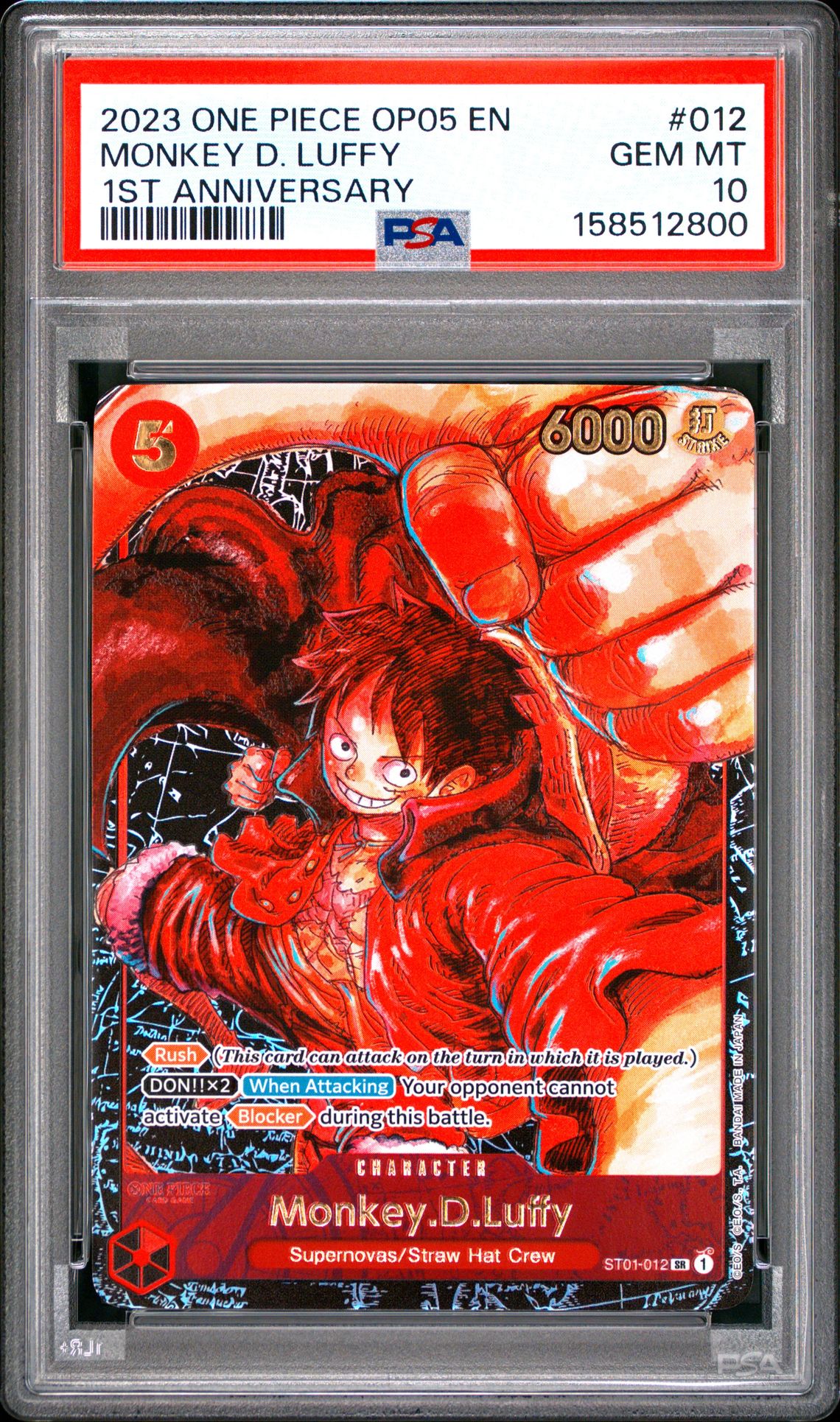 2023 One Piece Op05-Awakening Of The New Era Monkey D. Luffy #012 (1St Anniversary) Gem Mt 10 front view - PSA graded GEM MT 10
