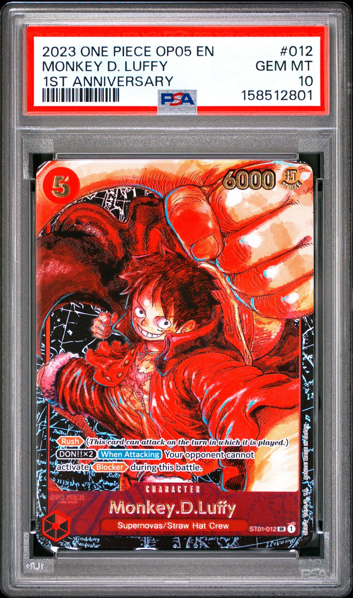 2023 One Piece Op05-Awakening Of The New Era Monkey D. Luffy #012 (1St Anniversary) Gem Mt 10 front