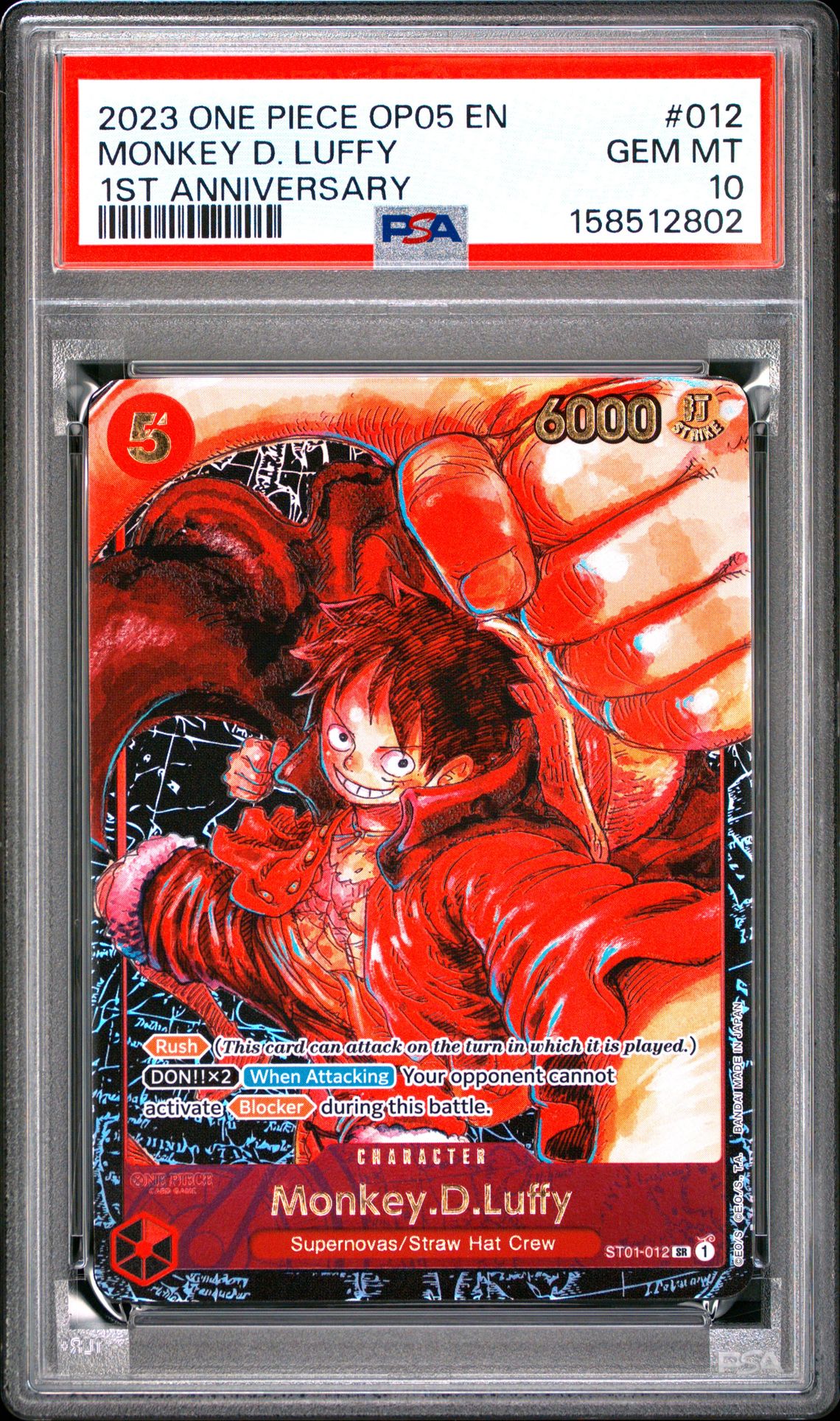 2023 One Piece Op05-Awakening Of The New Era Monkey D. Luffy #012 (1St Anniversary) Gem Mt 10 front
