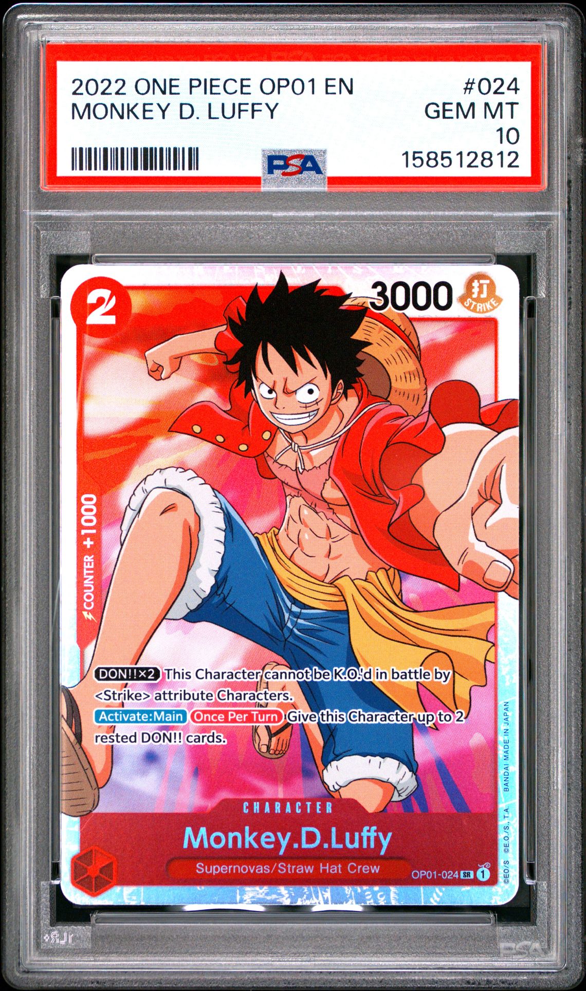 2022 One Piece Op01-Romance Dawn Monkey D. Luffy #024 Gem Mt 10 front view - PSA graded GEM MT 10
