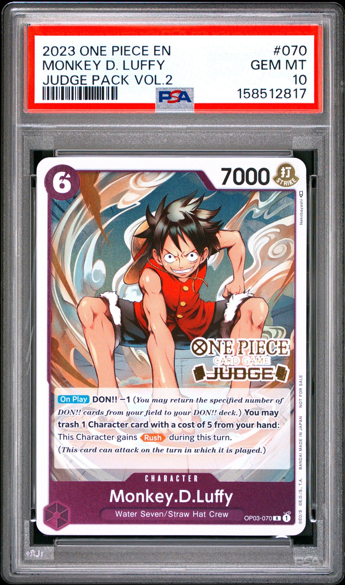 2023 One Piece Judge Pack Volume 2 Monkey D. Luffy #070 Gem Mt 10 front view - PSA graded GEM MT 10
