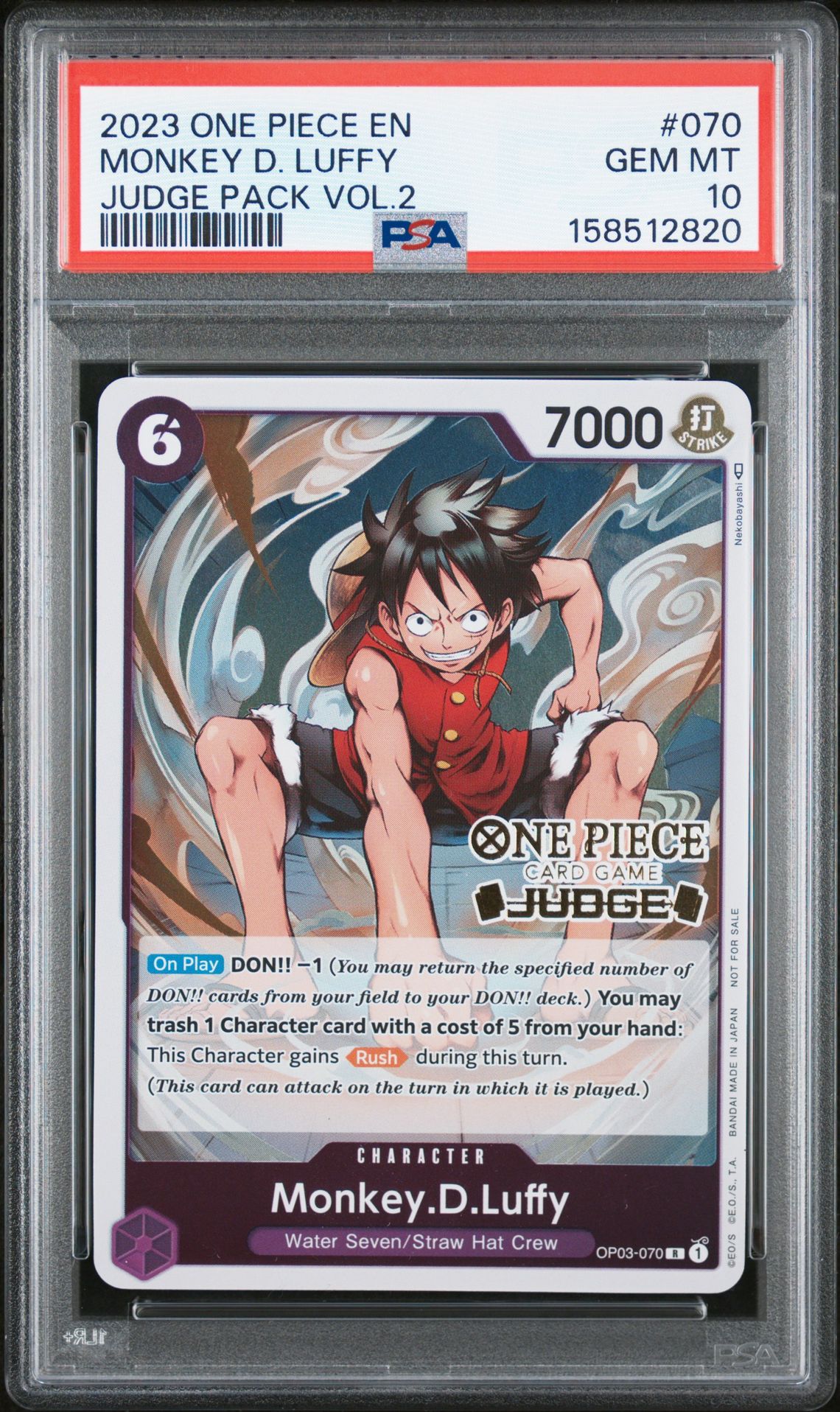 2023 One Piece Judge Pack Volume 2 Monkey D. Luffy #070 Gem Mt 10 front view - PSA graded GEM MT 10