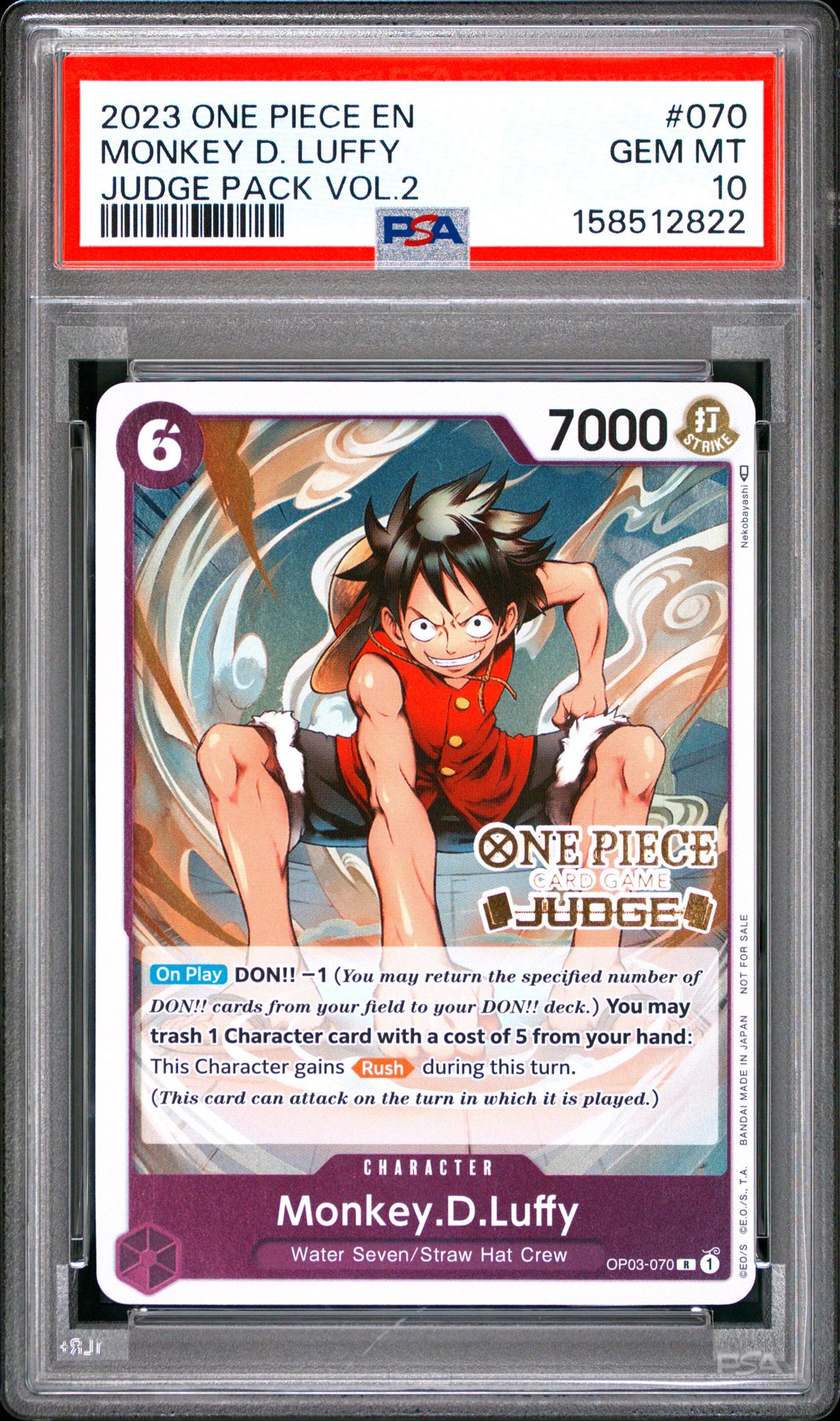 2023 One Piece Judge Pack Volume 2 Monkey D. Luffy #070 Gem Mt 10 front view - PSA graded GEM MT 10