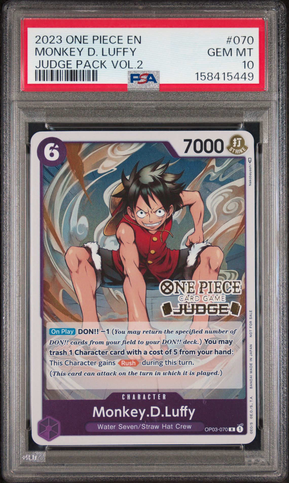 2023 One Piece Judge Pack Volume 2 Monkey D. Luffy #070 Gem Mt 10 front view - PSA graded GEM MT 10
