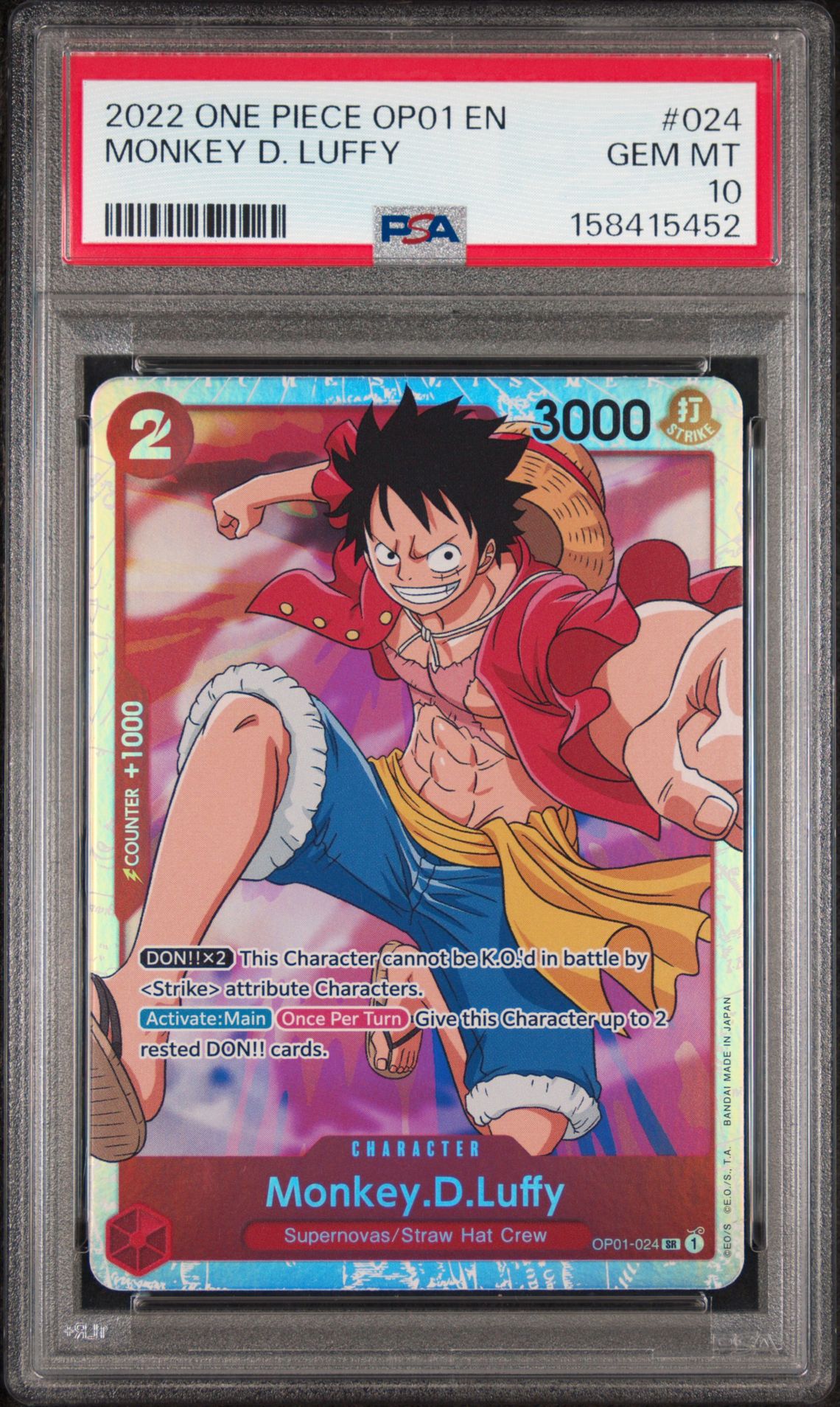 2022 ONE PIECE OP01-ROMANCE DAWN MONKEY D. LUFFY  024 GEM MT 10 front