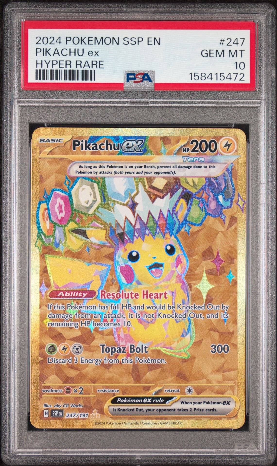2024 Pokemon Ssp En-Surging Sparks Pikachu Ex #247 (Hyper Rare) Gem Mt 10 front view - PSA graded GEM MT 10