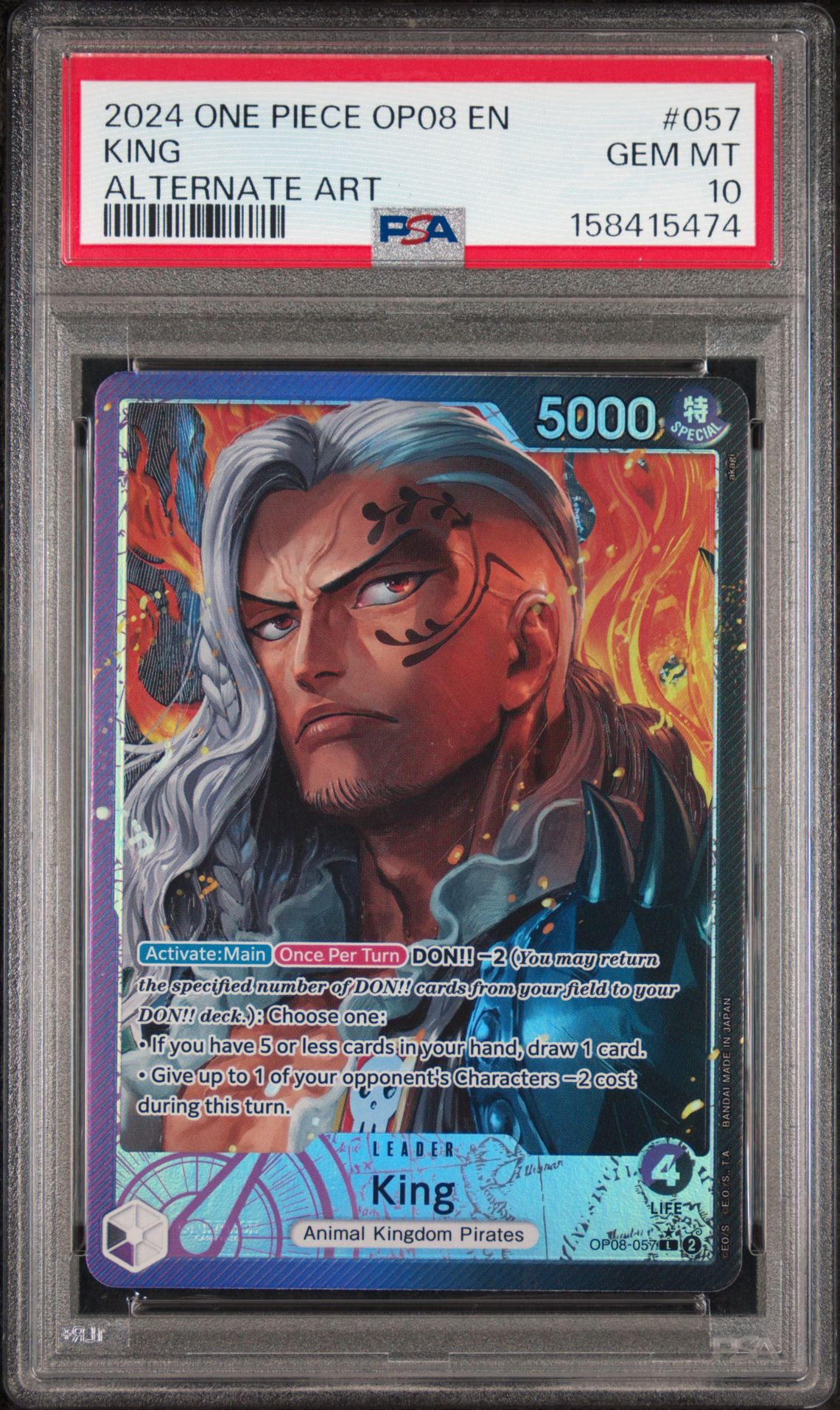 2024 One Piece Op08-Two Legends King #057 (Alternate Art) Gem Mt 10 front view - PSA graded GEM MT 10