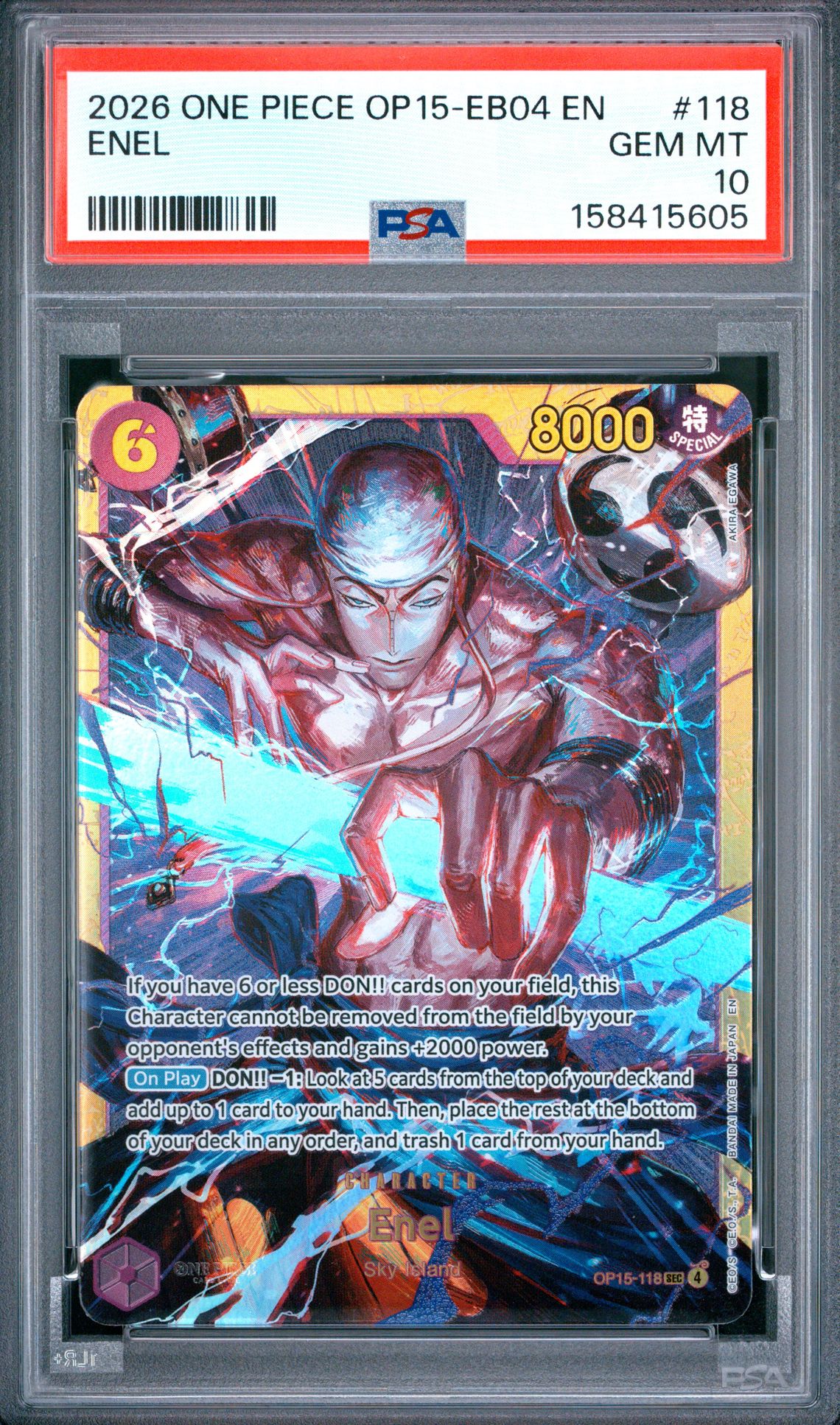 2026 One Piece Op15-Eb04-Adventure On Kami's Island Enel #118 Gem Mt 10 front view - PSA graded GEM MT 10