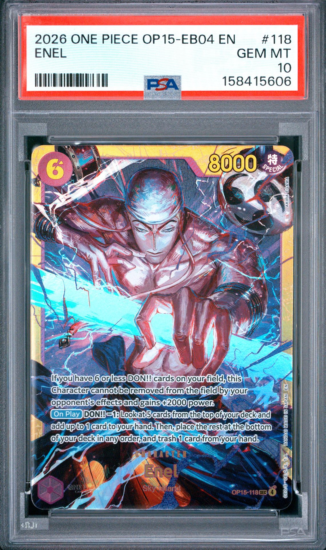 2026 One Piece Op15-Eb04-Adventure On Kami's Island Enel #118 Gem Mt 10 front view - PSA graded GEM MT 10