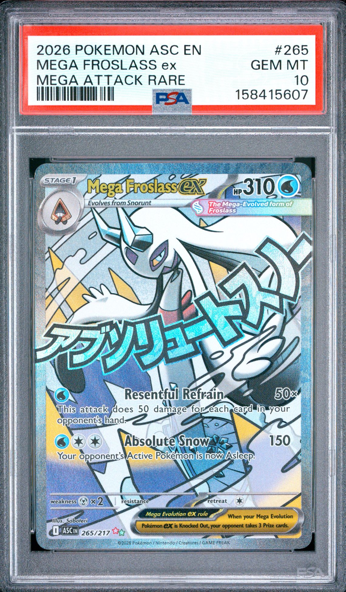 2026 Pokemon Asc En-Ascended Heroes Mega Froslass Ex #265 (Mega Attack Rare) Gem Mt 10 front view - PSA graded GEM MT 10