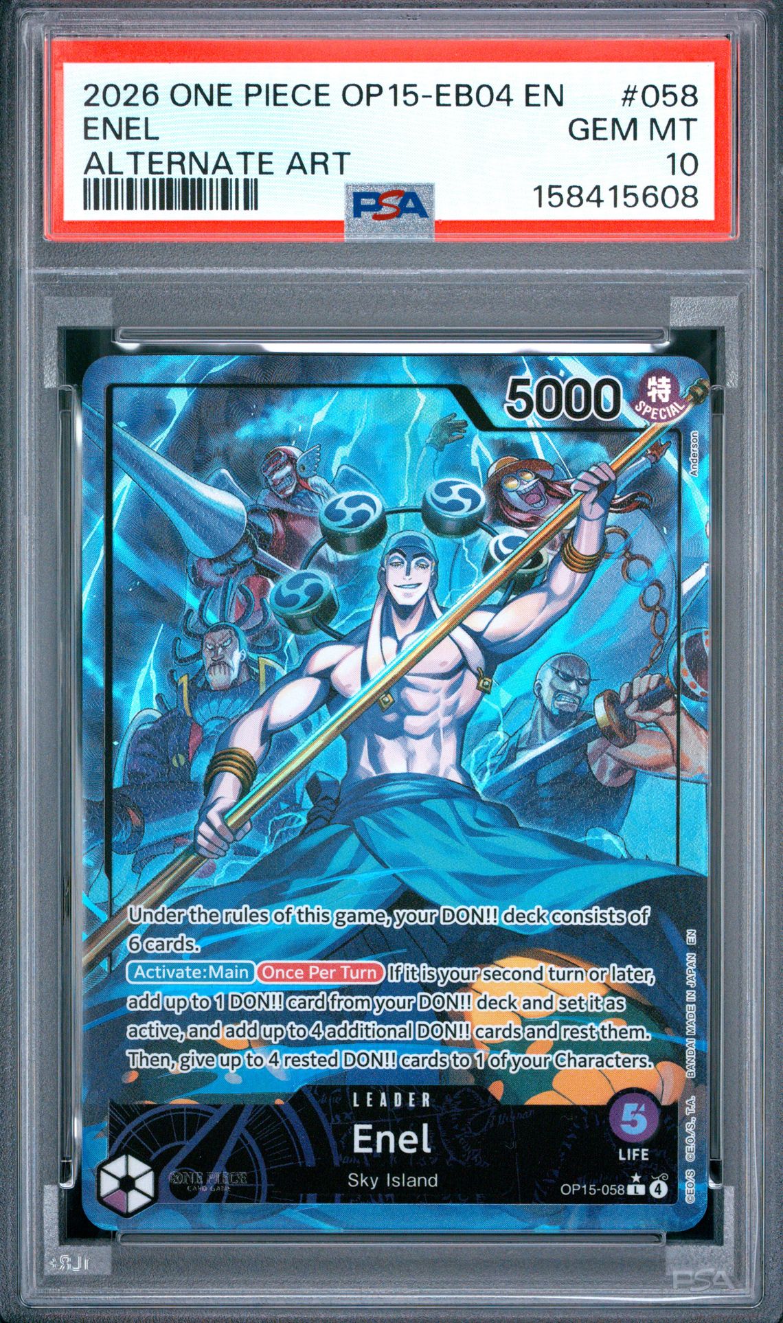 2026 One Piece Op15-Eb04-Adventure On Kami's Island Enel #058 (Alternate Art) Gem Mt 10 front view - PSA graded GEM MT 10