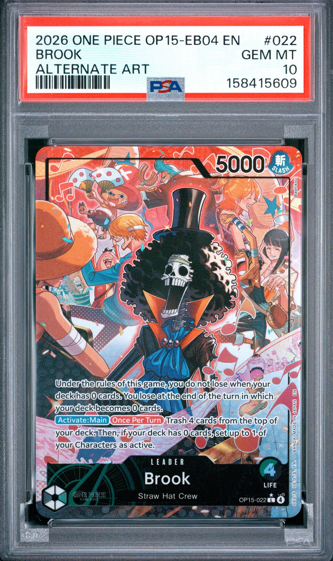 2026 One Piece Op15-Eb04-Adventure On Kami's Island Brook #022 (Alternate Art) Gem Mt 10 front view - PSA graded GEM MT 10