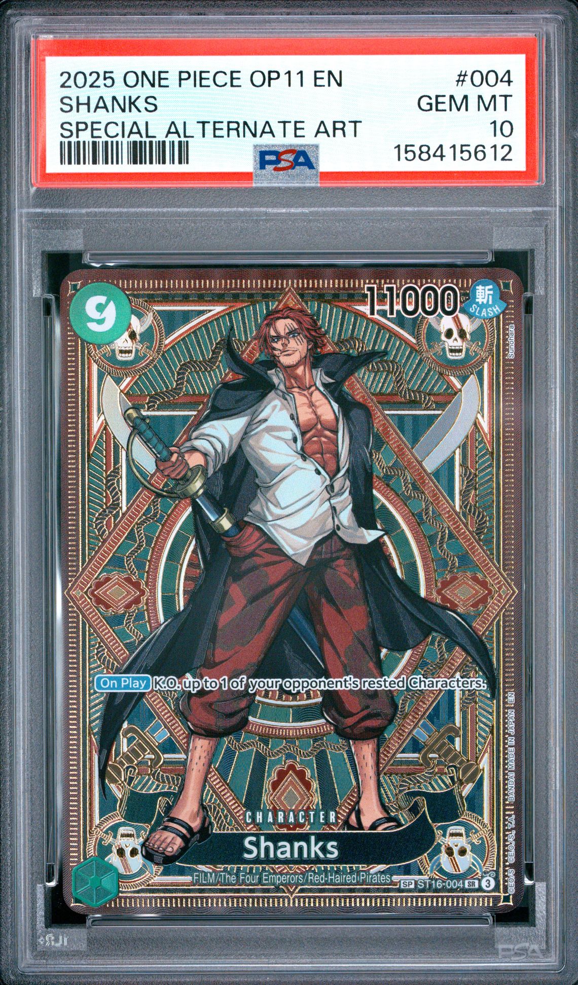 2025 One Piece Op11-A Fist Of Divine Speed Shanks #004 (Special Alternate Art) Gem Mt 10 front view - PSA graded GEM MT 10