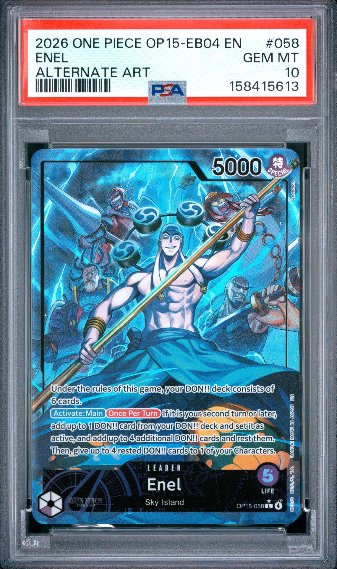 2026 One Piece Op15-Eb04-Adventure On Kami's Island Enel #058 (Alternate Art) Gem Mt 10 front