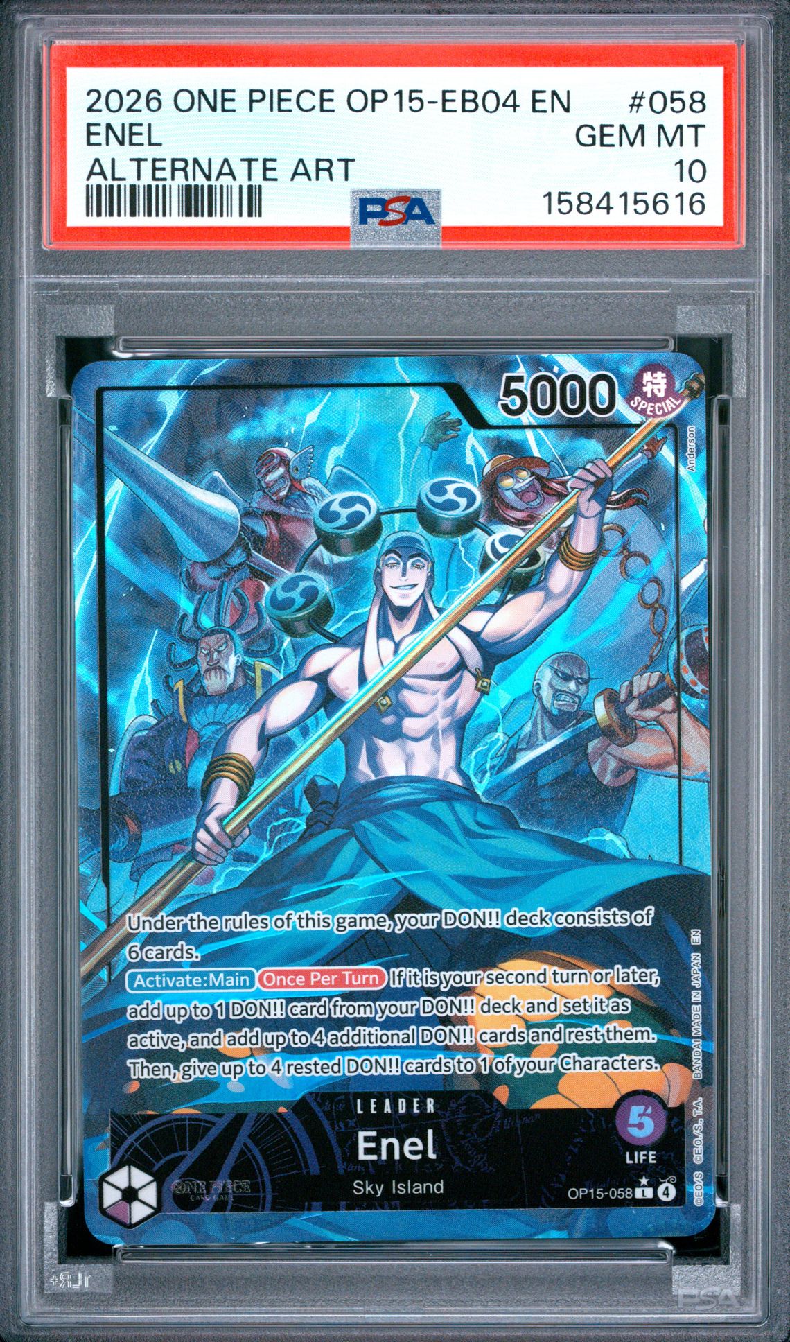 2026 One Piece Op15-Eb04-Adventure On Kami's Island Enel #058 (Alternate Art) Gem Mt 10 front view - PSA graded GEM MT 10