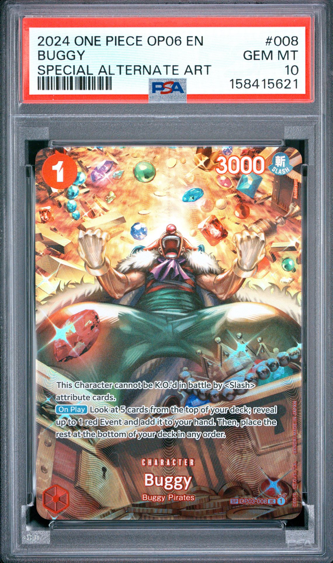 2024 One Piece Op06-Wings Of The Captain Buggy #008 (Special Alternate Art) Gem Mt 10 front view - PSA graded GEM MT 10