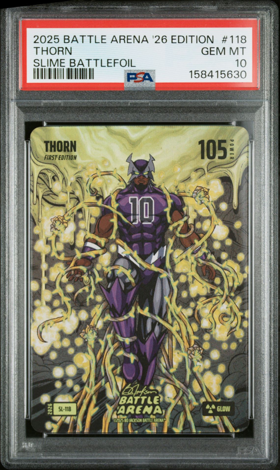 2025 BO JACKSON BATTLE ARENA 2026 EDITION SLIME BATTLEFOIL THORN  118 GEM MT 10 front