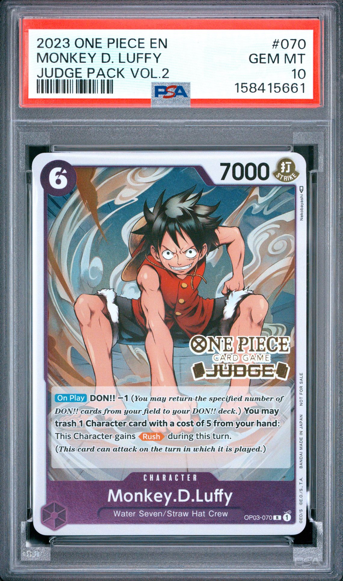 2023 One Piece Judge Pack Volume 2 Monkey D. Luffy #070 Gem Mt 10 front view - PSA graded GEM MT 10