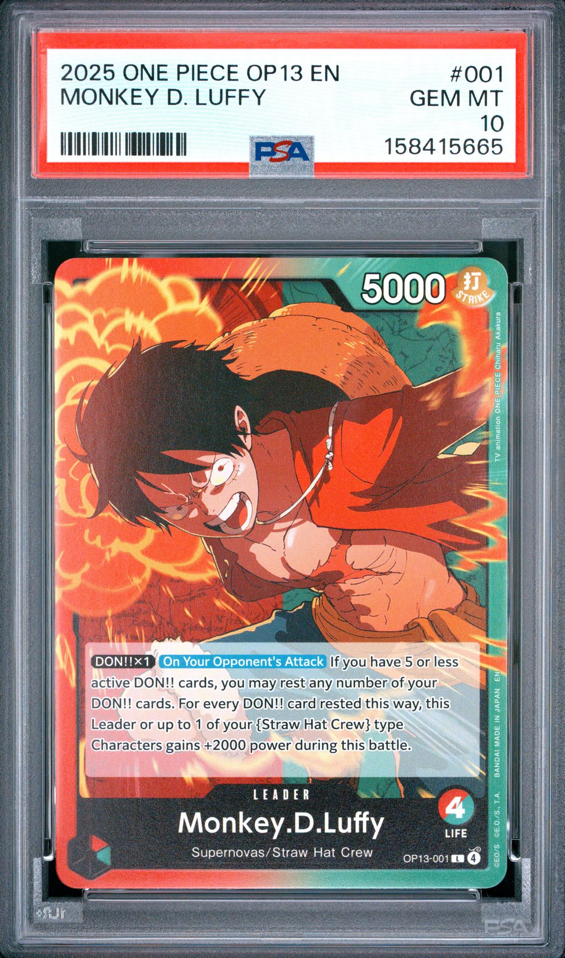 2025 One Piece Op13-Carrying On His Will Monkey D. Luffy #001 Gem Mt 10 front