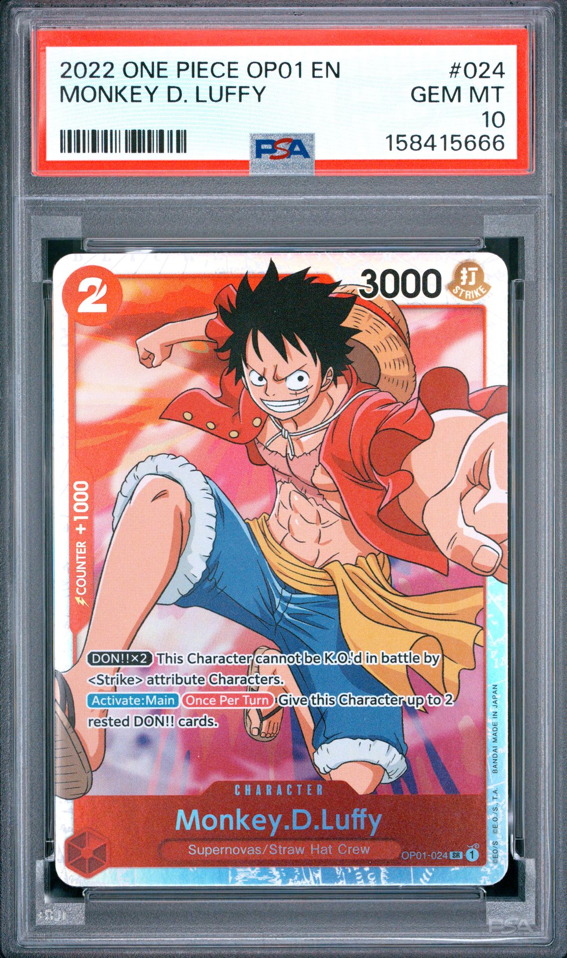 2022 One Piece Op01-Romance Dawn Monkey D. Luffy #024 Gem Mt 10 front view - PSA graded GEM MT 10