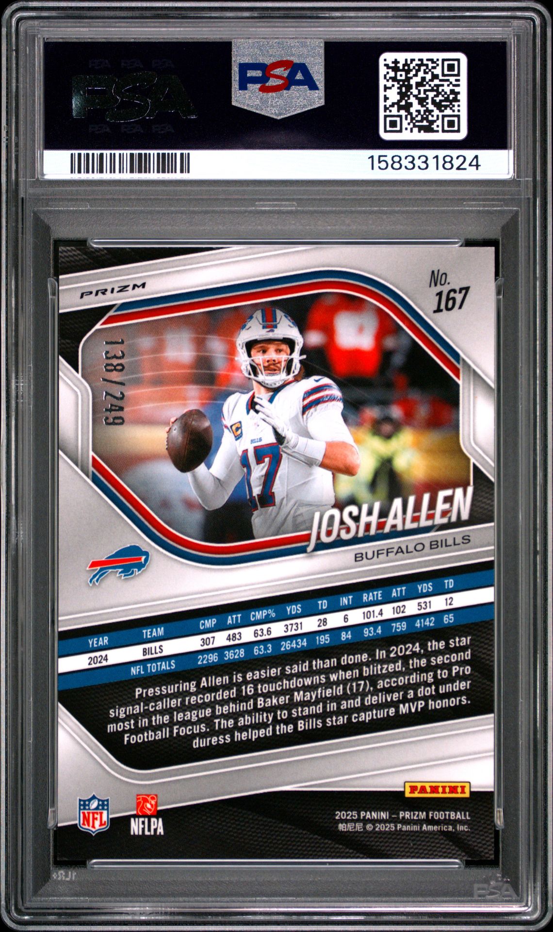 2025 Panini Prizm Josh Allen #167 (Orange Prizm) Gem Mt 10 back view - PSA certificate #158331824