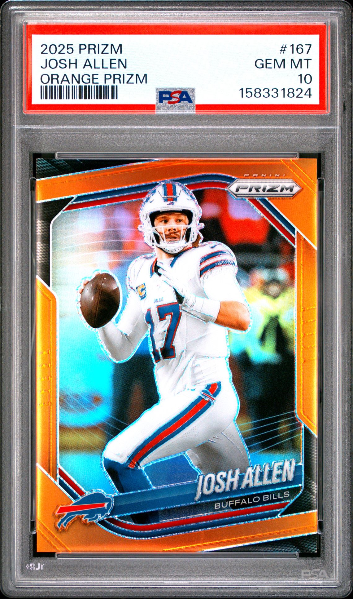 2025 Panini Prizm Josh Allen #167 (Orange Prizm) Gem Mt 10 front view - PSA graded GEM MT 10