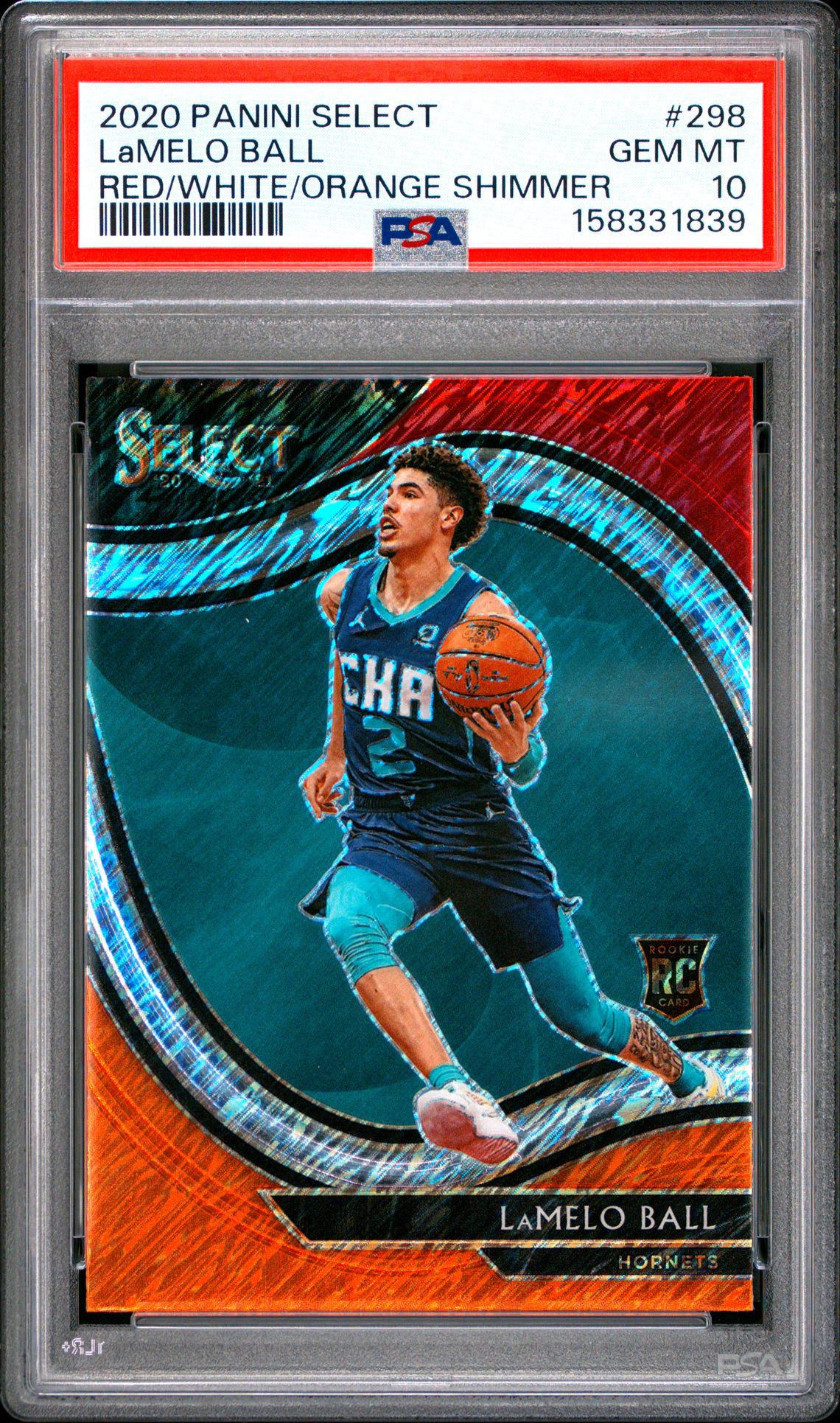 2020 PANINI SELECT LaMELO BALL RED/WHITE/ORANGE SHIMMER 298 GEM MT 10 front