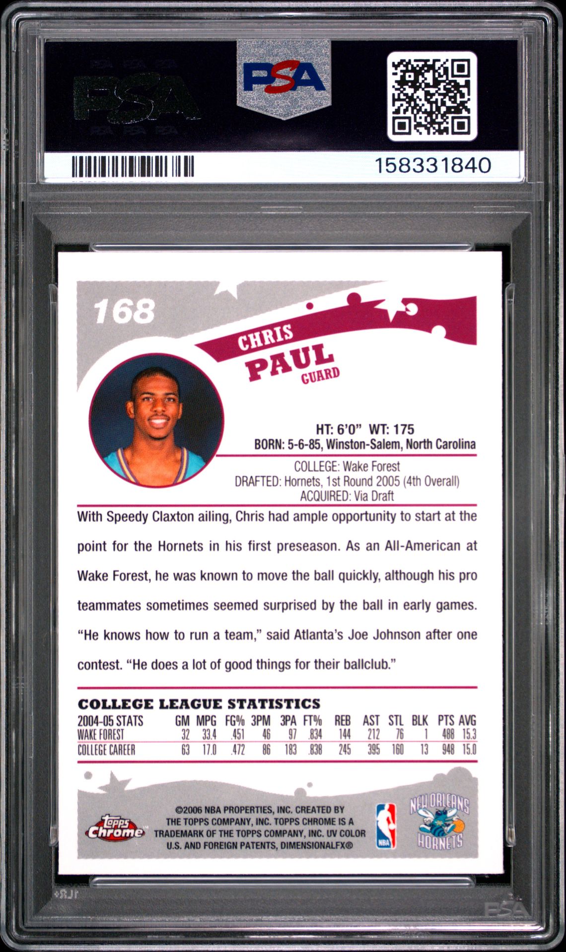2005 Topps Chrome Chris Paul #168 Mint 9 back