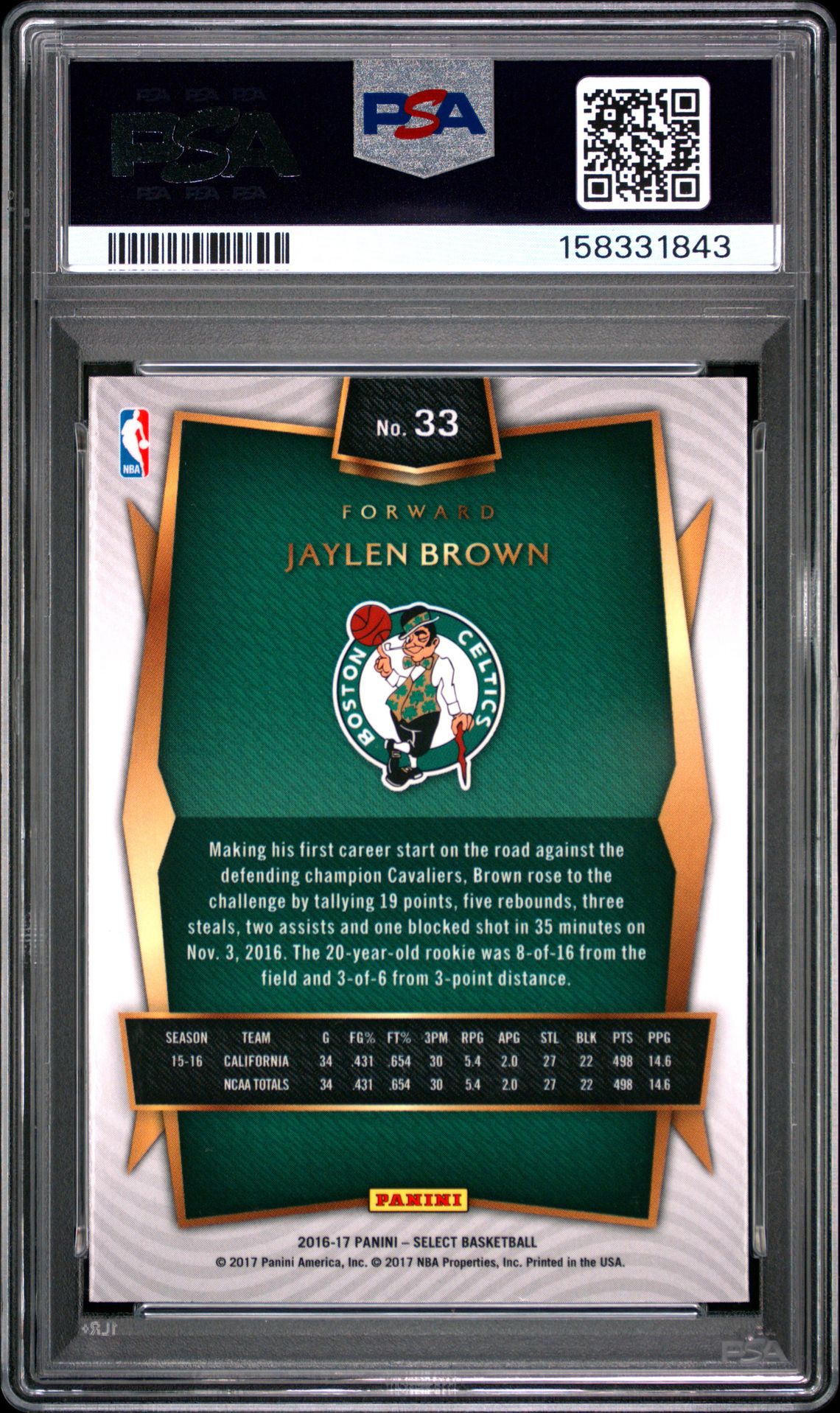 2016 Panini Select Jaylen Brown #33 Gem Mt 10 back