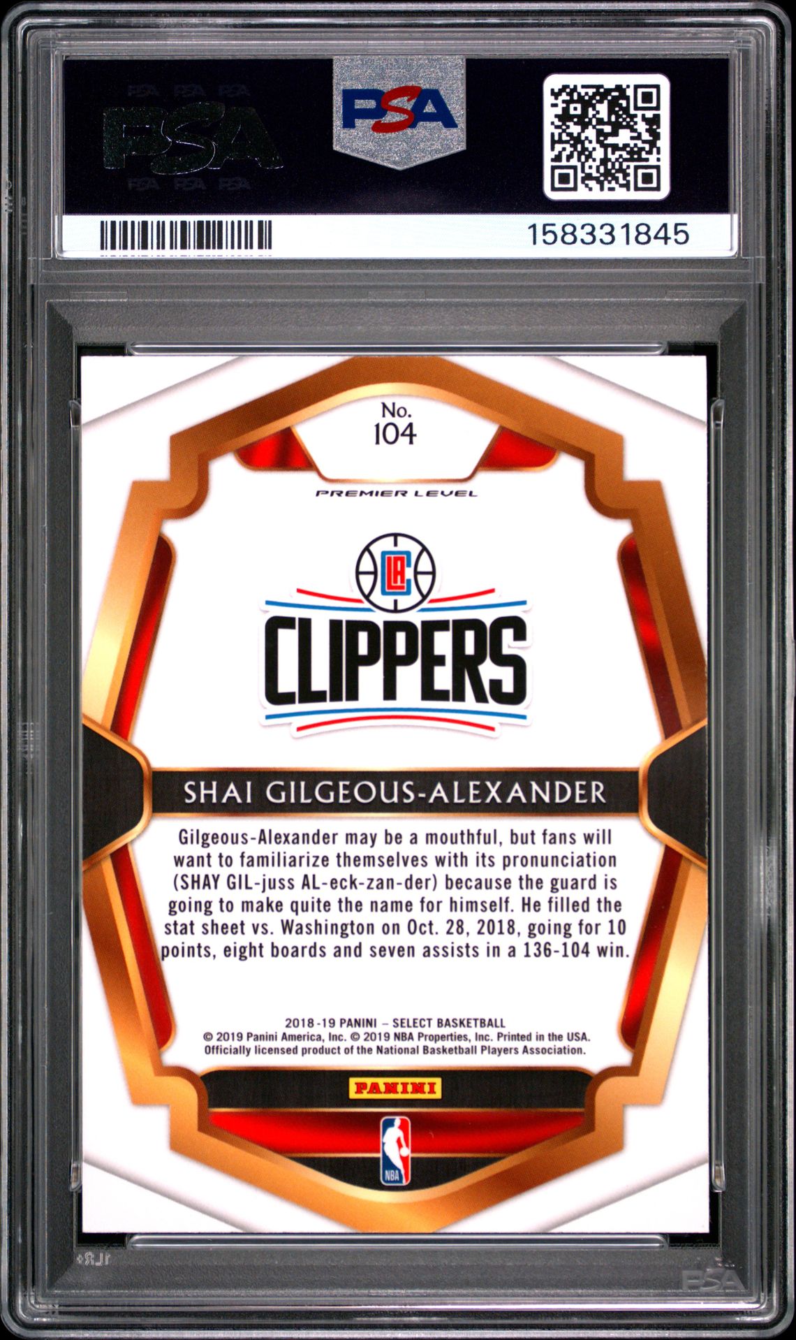 2018 Panini Select S.gilgeous-Alexander #104 Gem Mt 10 back view - PSA certificate #158331845