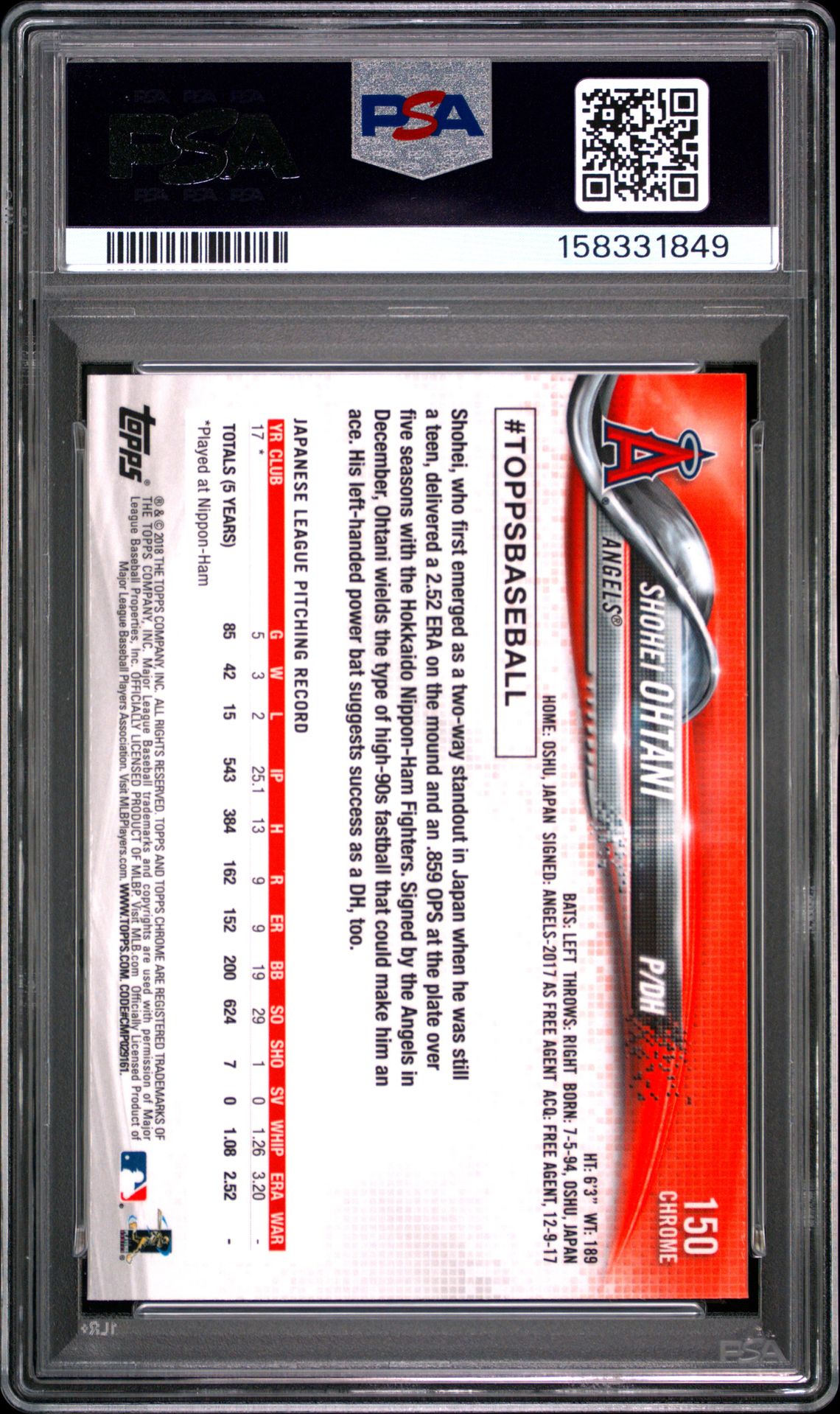 2018 Topps Chrome Shohei Ohtani #150 Gem Mt 10 back