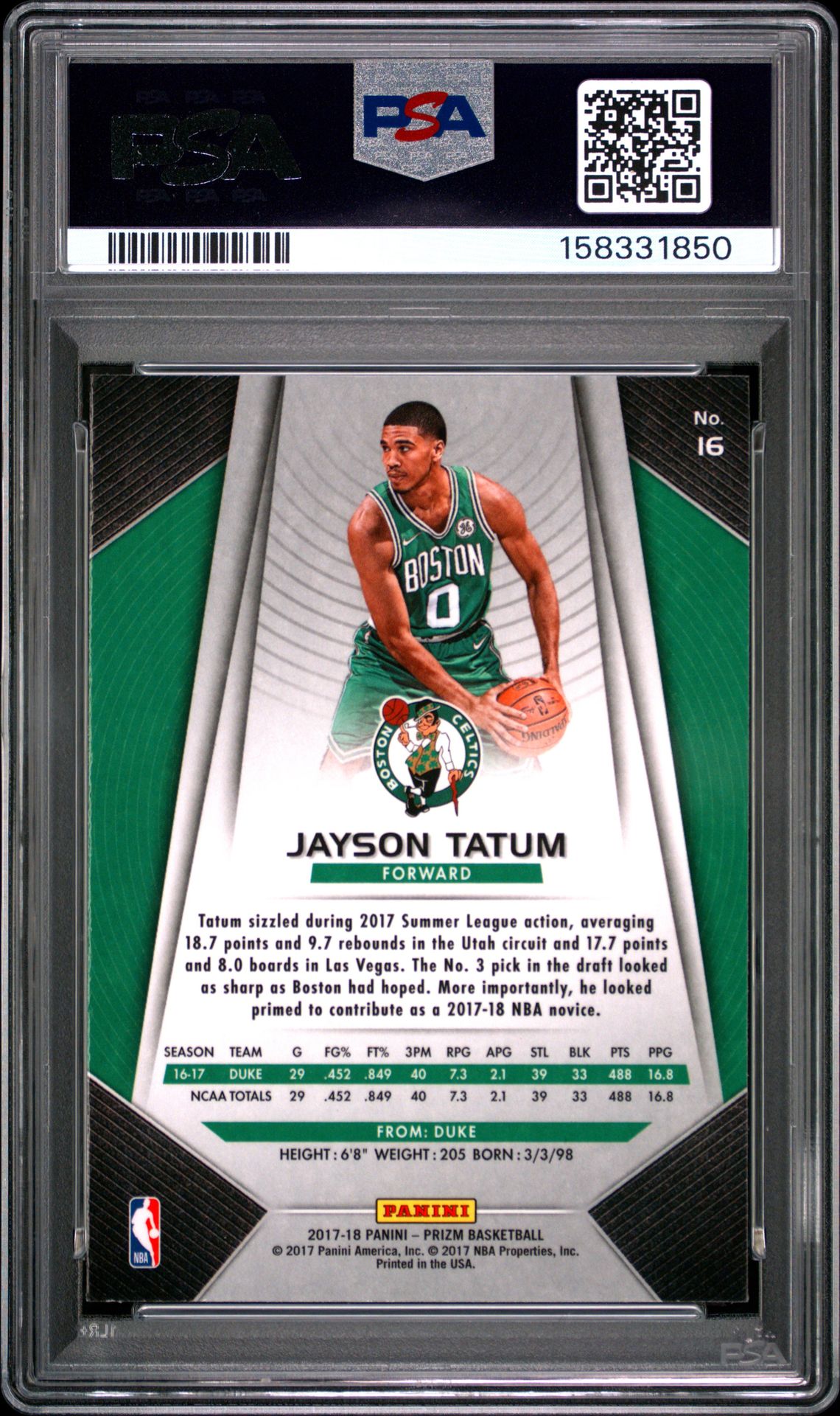 2017 Panini Prizm Jayson Tatum #16 Gem Mt 10 back view - PSA certificate #158331850